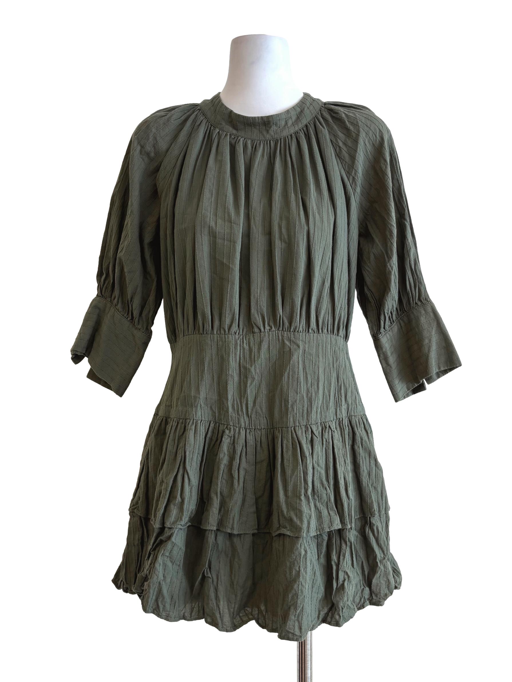 Moss Green Quarter Sleeve Ruffle Dress
