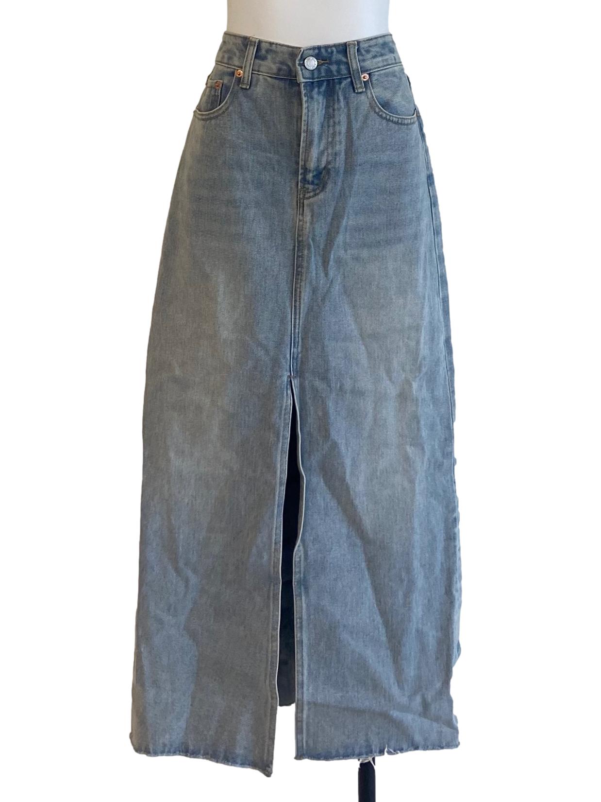 Blue Herringbone Slit Jeans Skirt