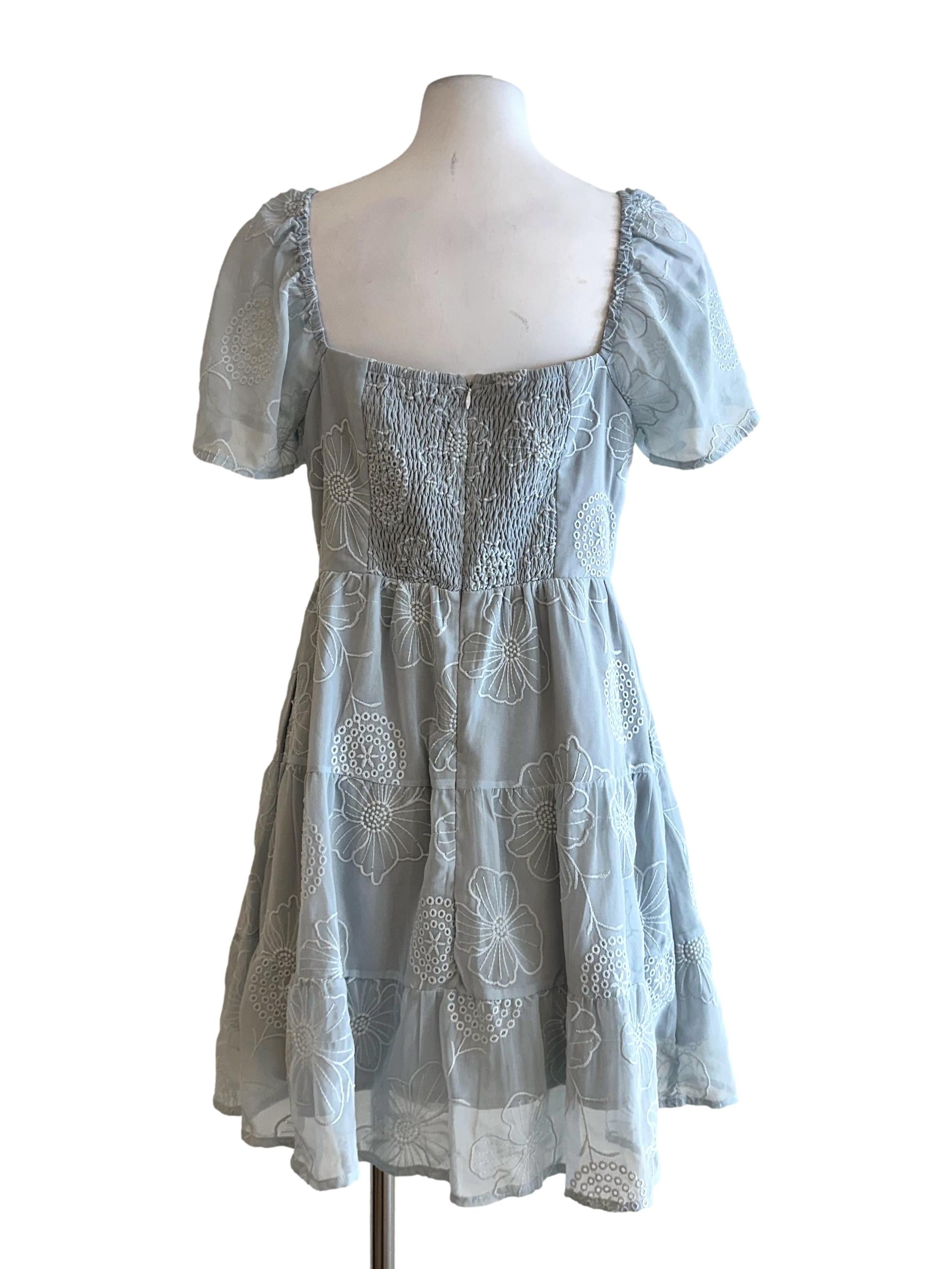 Ash Blue Padded Flower Embroidery Mini Dress