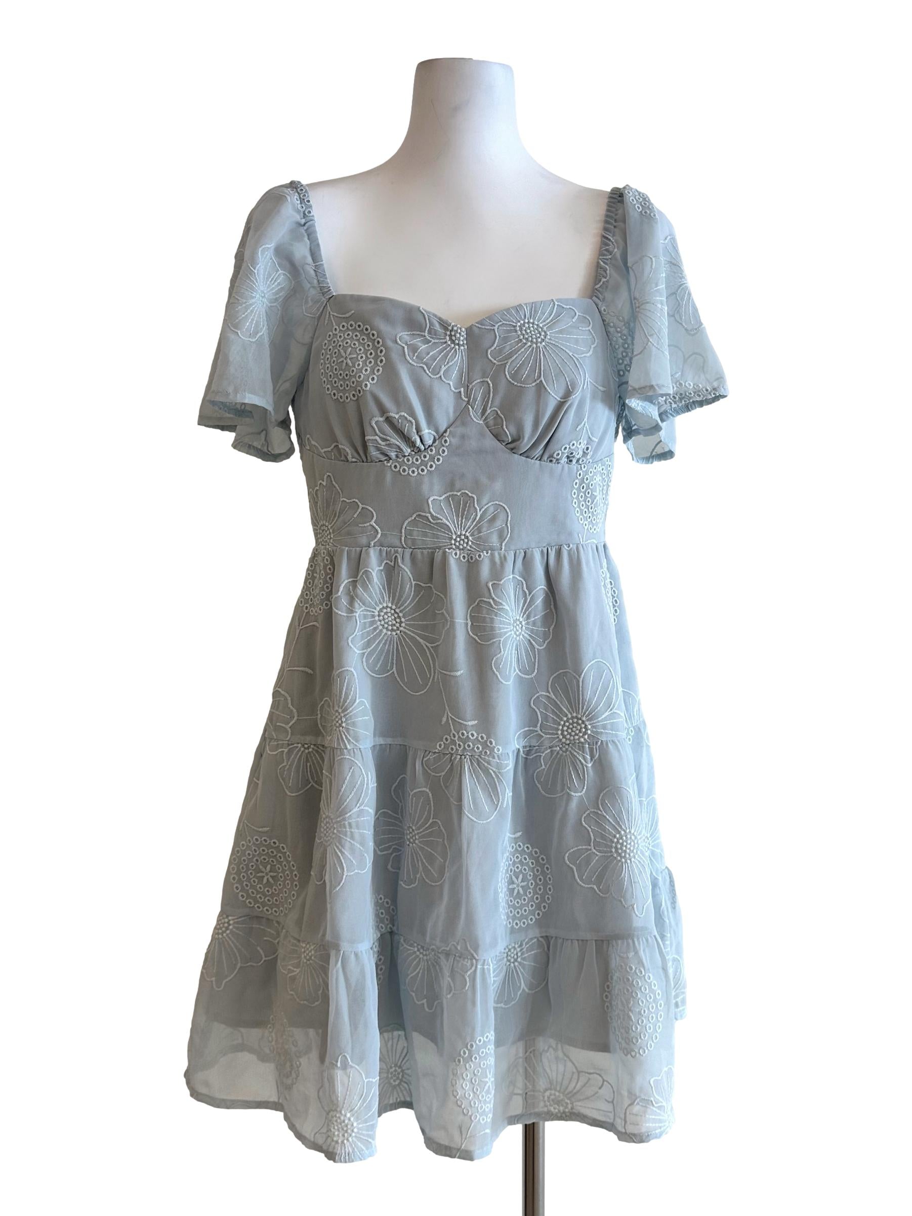 Ash Blue Padded Flower Embroidery Mini Dress