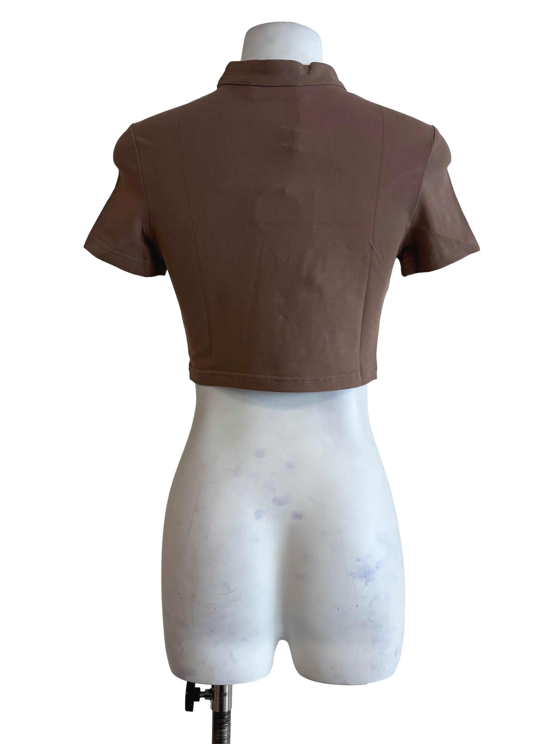 Brown Suki Mandarin Collar Crop Top