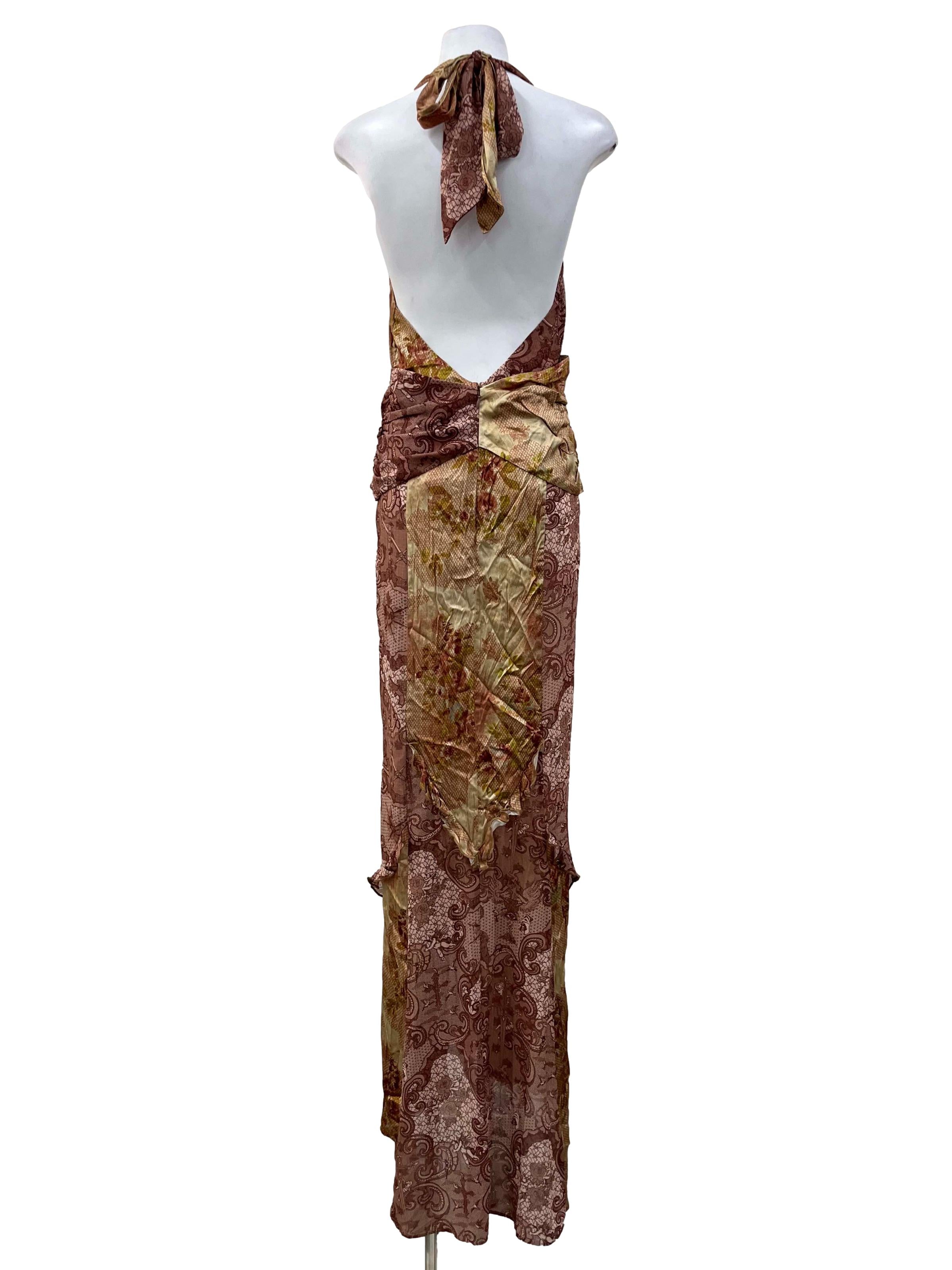 Brown Patchwork Plunge Halter Dress