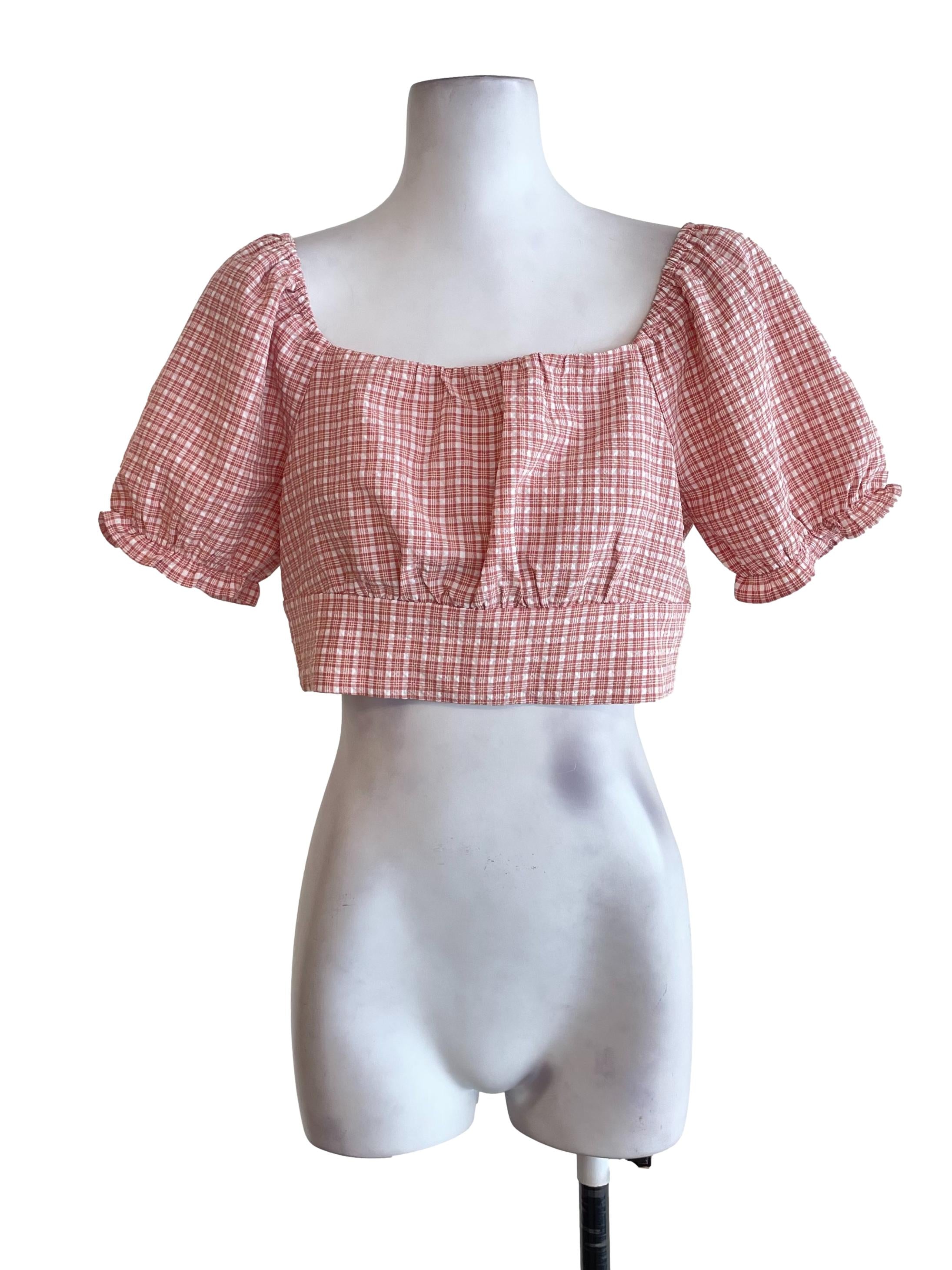 Pink Tartan Puff Sleeves Top