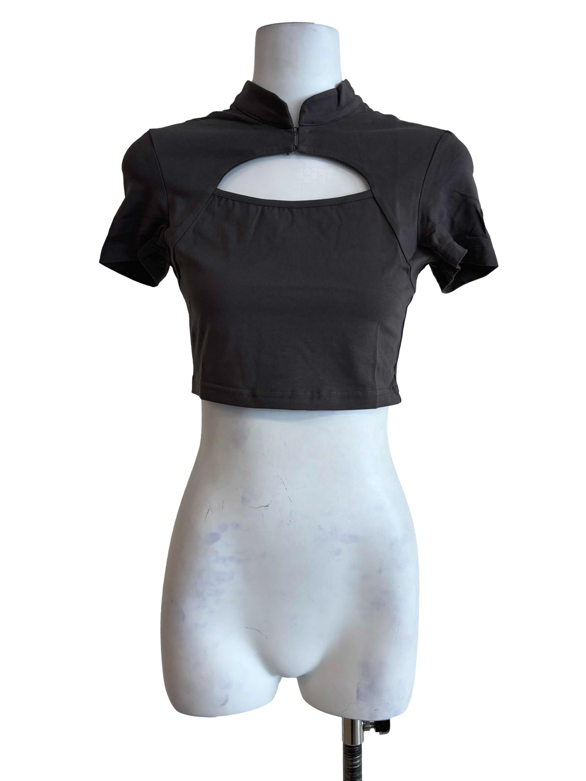 Grey Suki Mandarin Collar Crop Top