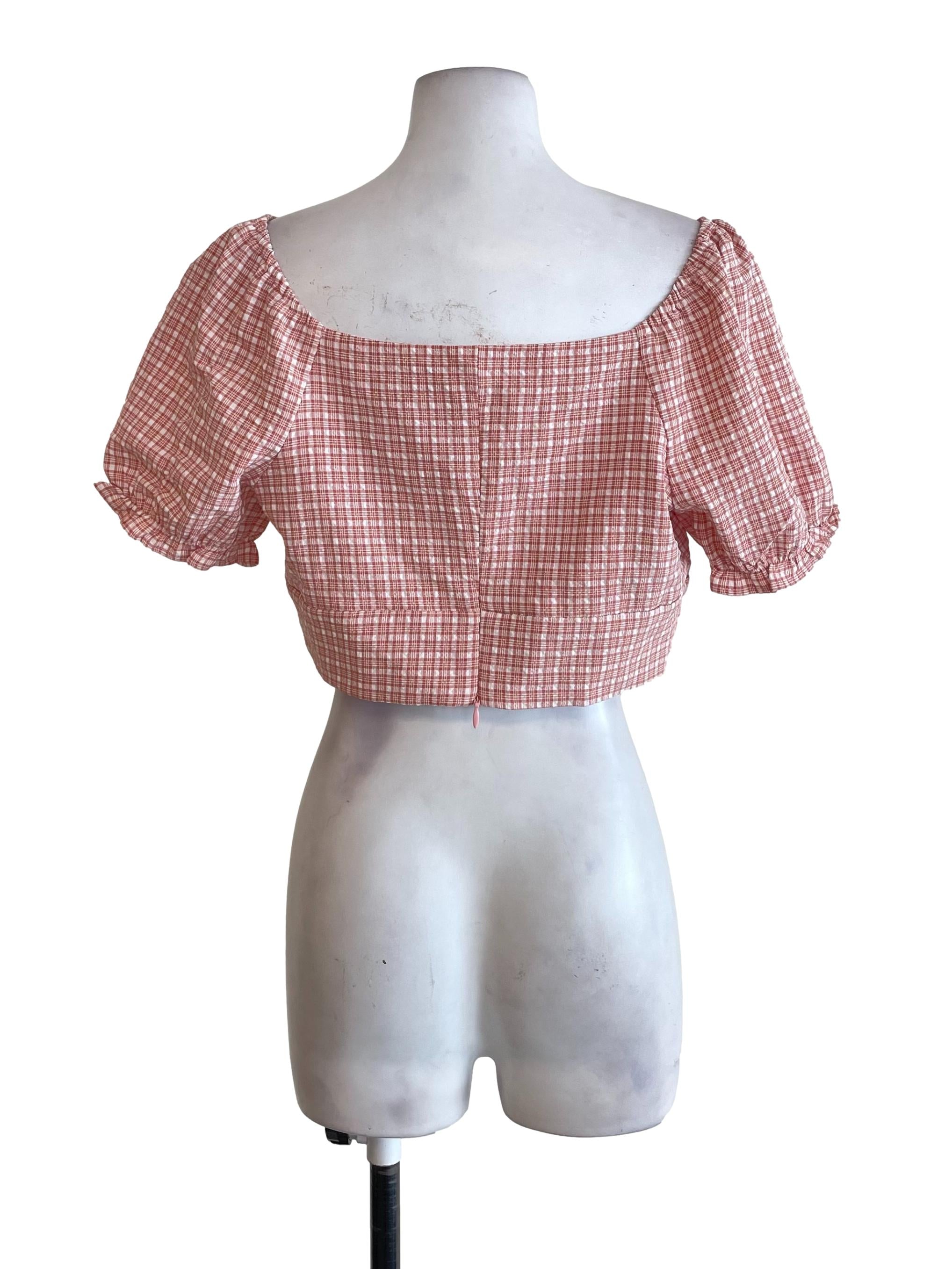 Pink Tartan Puff Sleeves Top