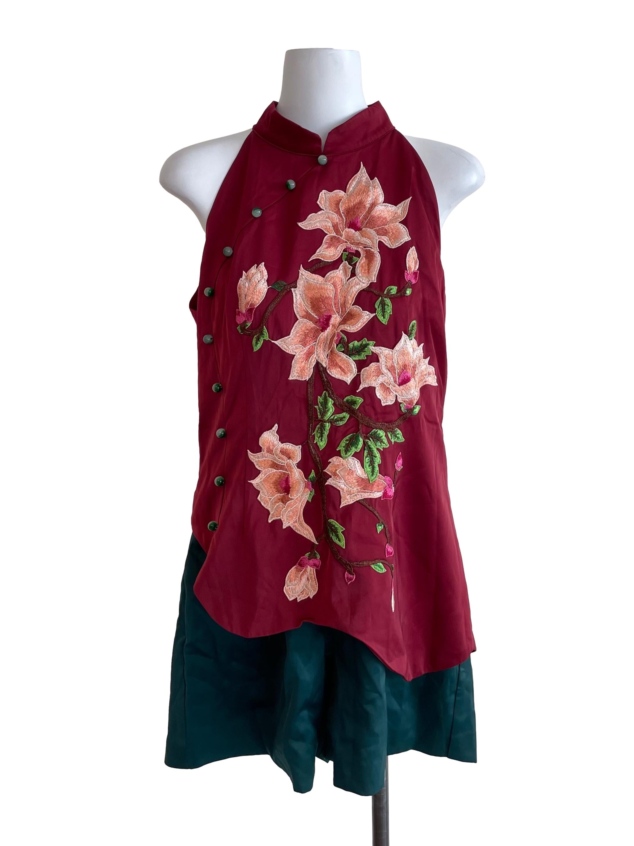 Ruby Floral Embroidered Satin Cheongsam Romper