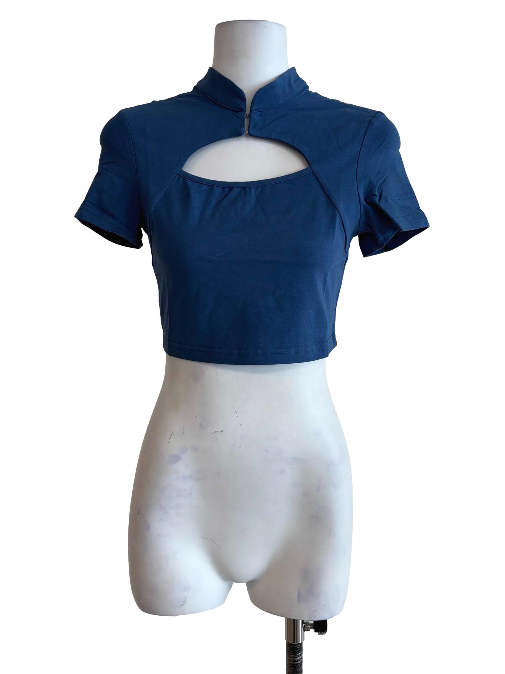 Blue Suki Mandarin Collar Crop Top
