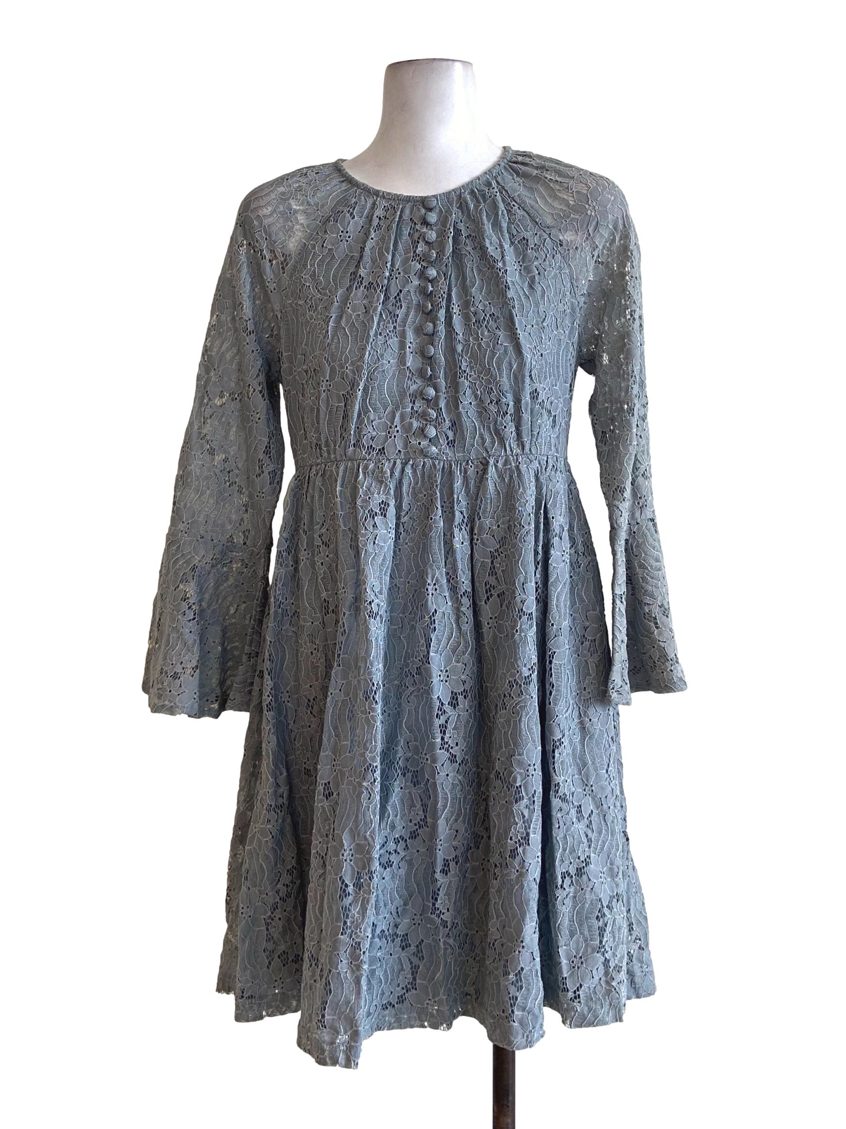 Slate Grey Floral Lace Poet Sleeve Apron Dress