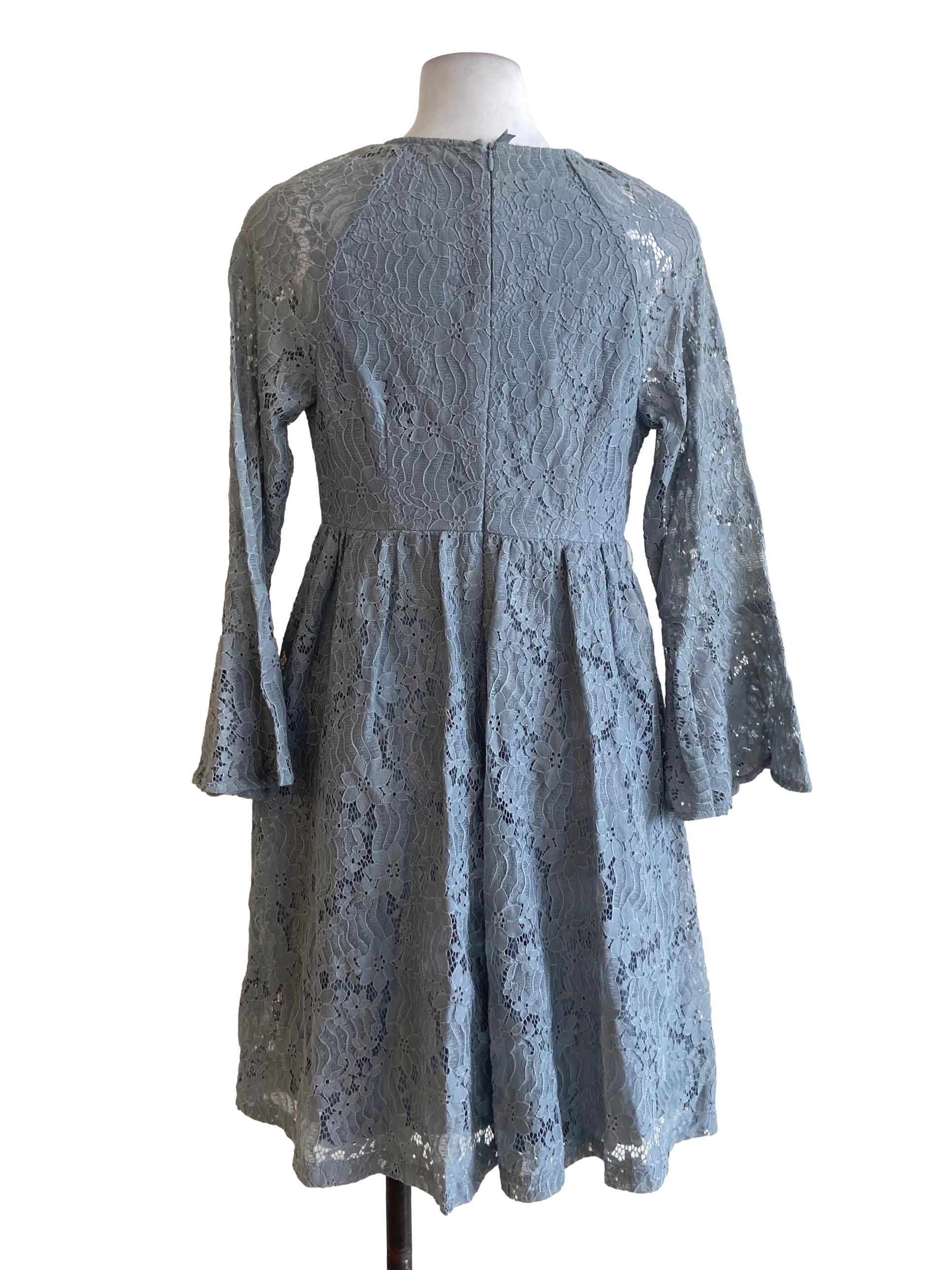 Slate Grey Floral Lace Poet Sleeve Apron Dress