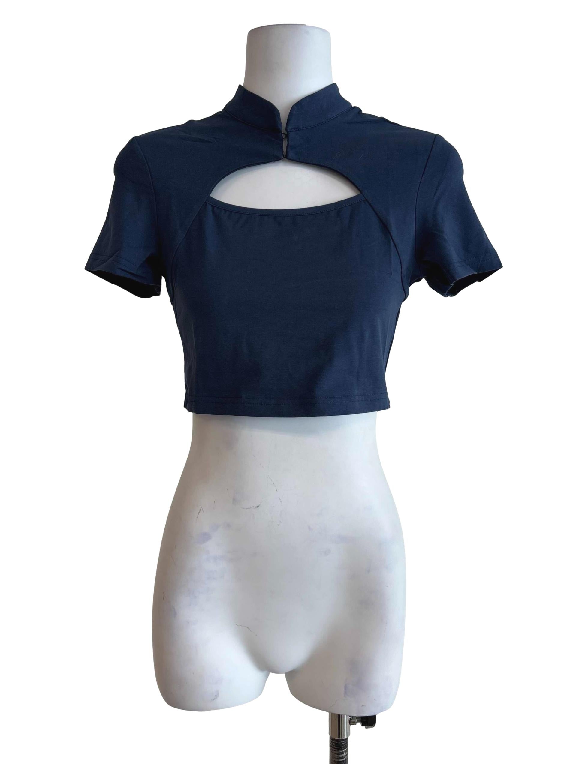 Navy Suki Mandarin Collar Crop Top