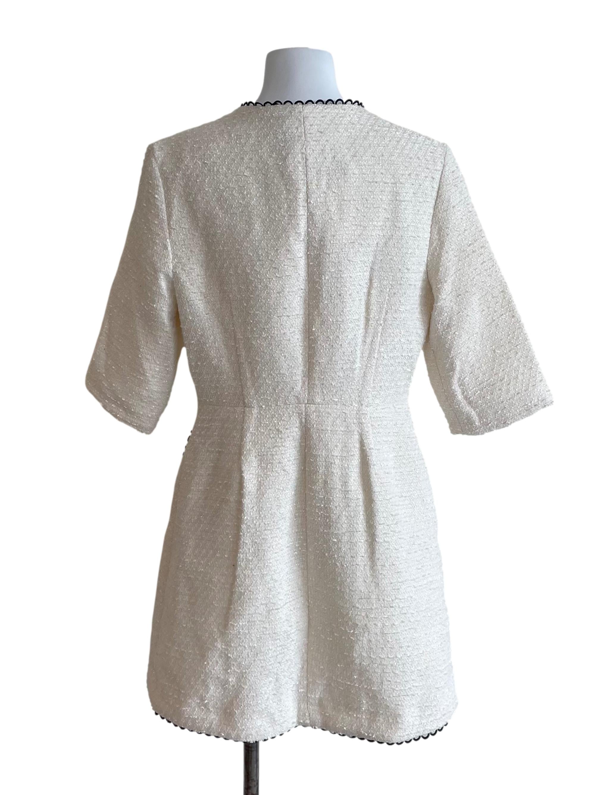 Off White Contrast Trim Shiny Tweed Dress