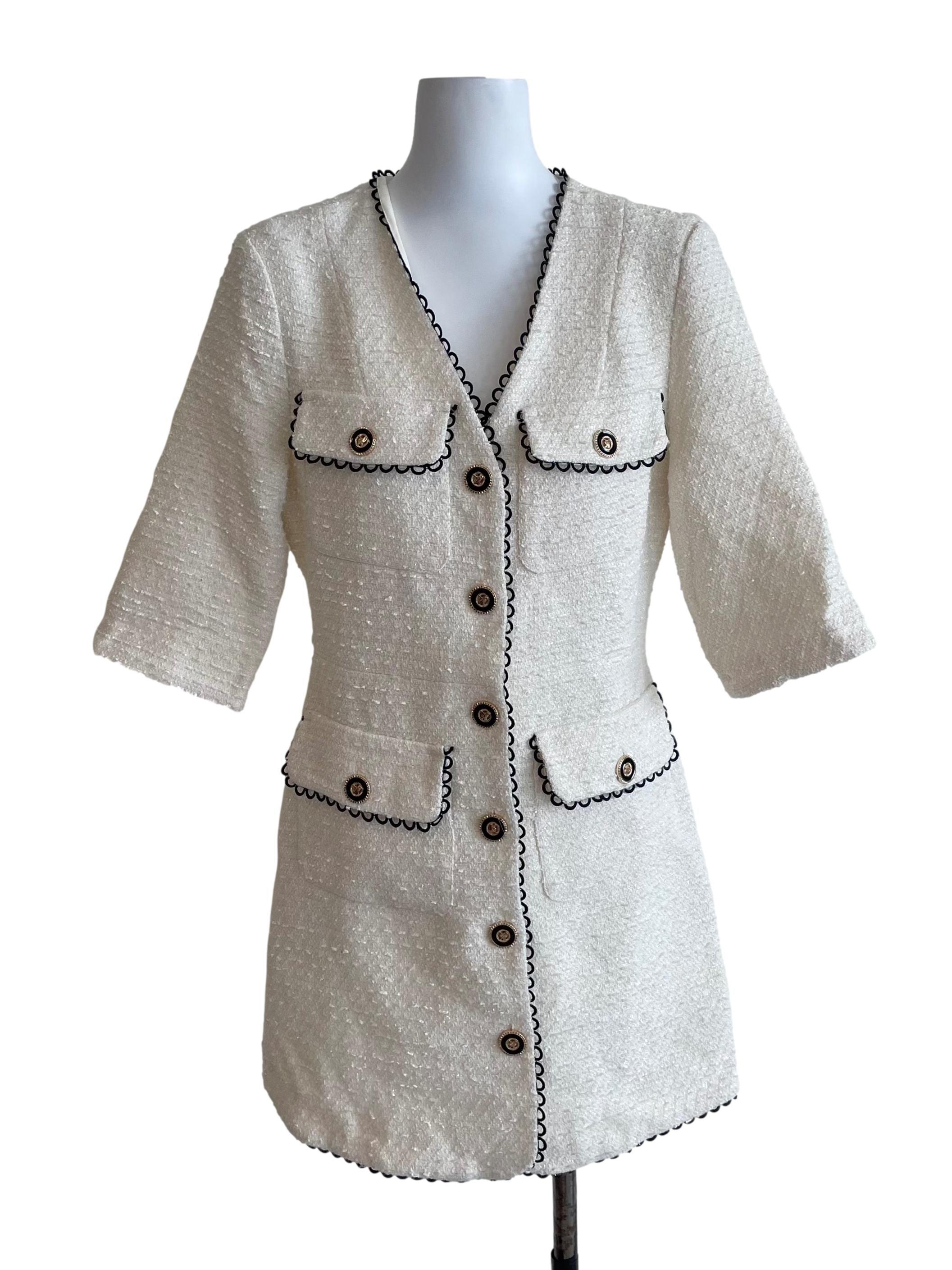 Off White Contrast Trim Shiny Tweed Dress