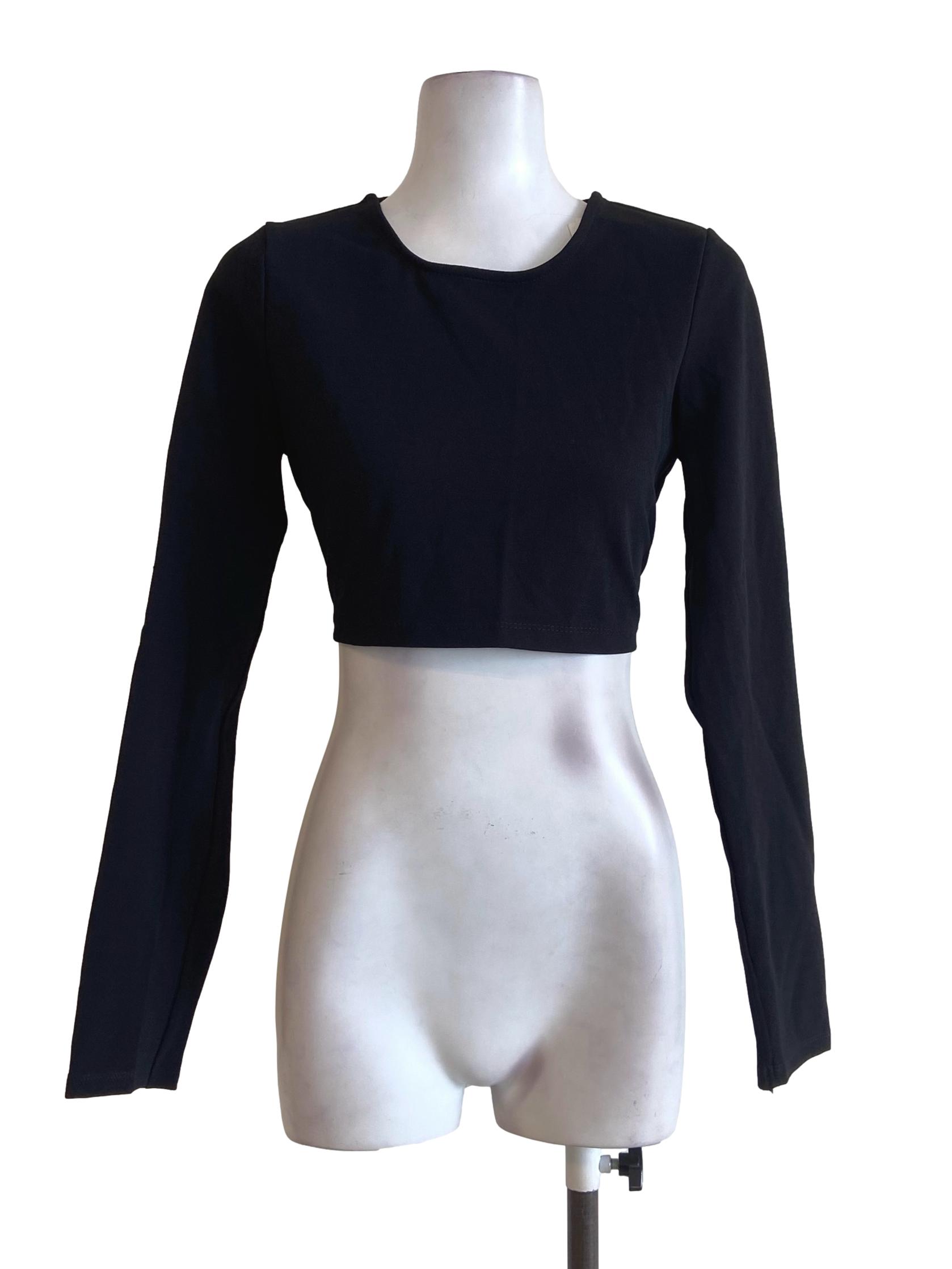 Black Jewel Neck Long Sleeve Crop Top