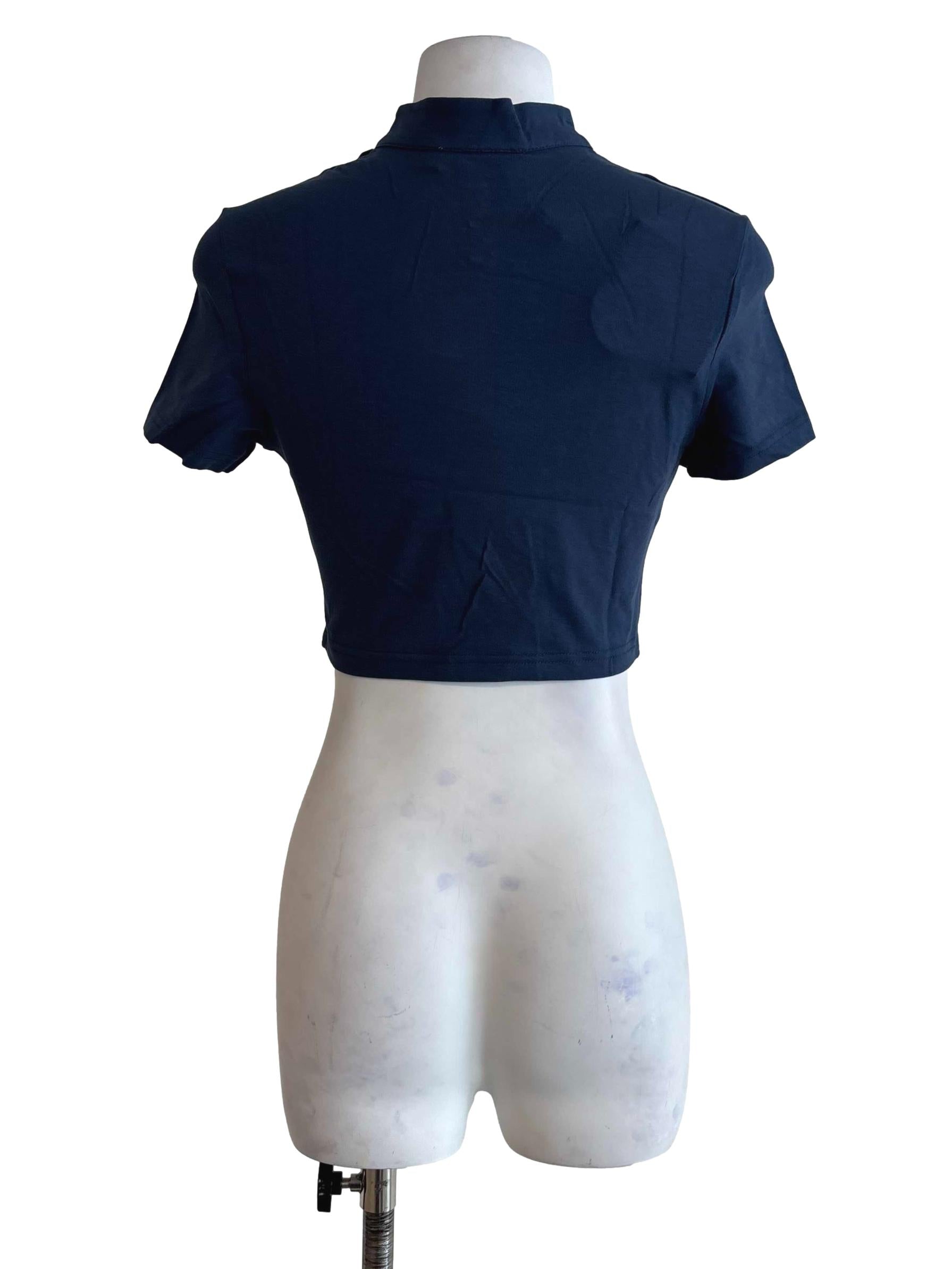 Navy Suki Mandarin Collar Crop Top