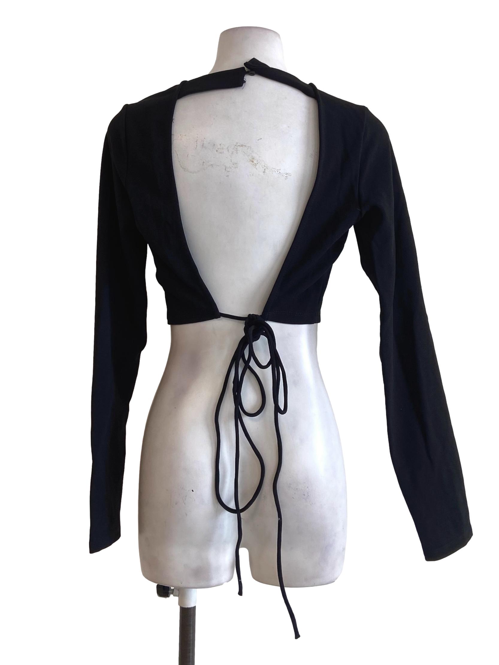 Black Jewel Neck Long Sleeve Crop Top