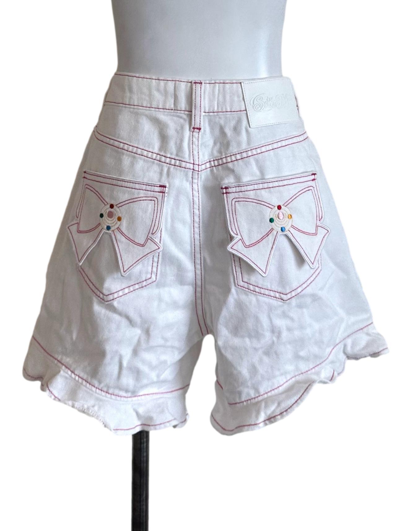 White Pink Denim Ribbon Shorts