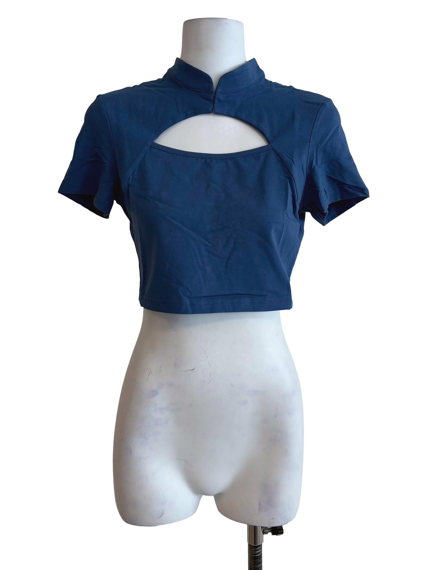 Blue Suki Mandarin Collar Crop Top
