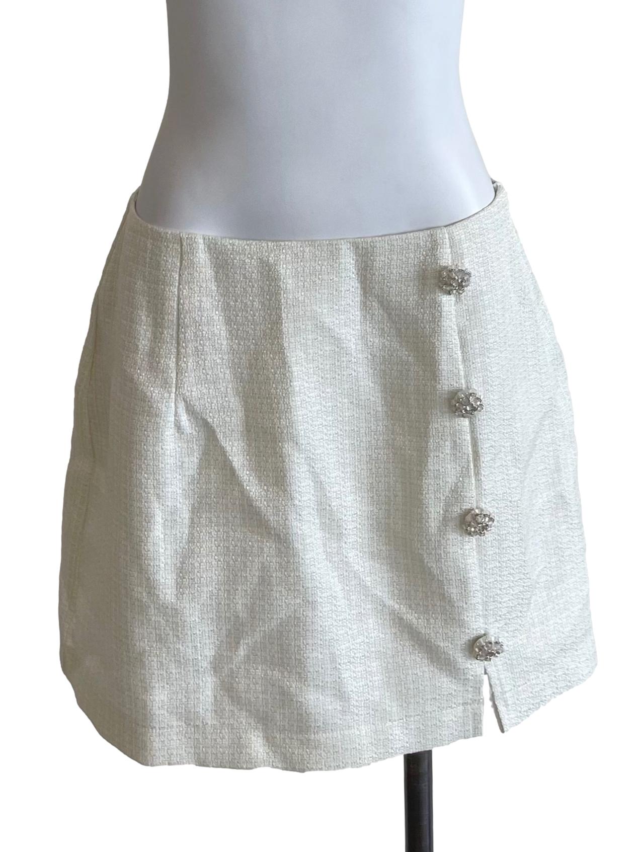 White Rhinestone Button Mini Skirt