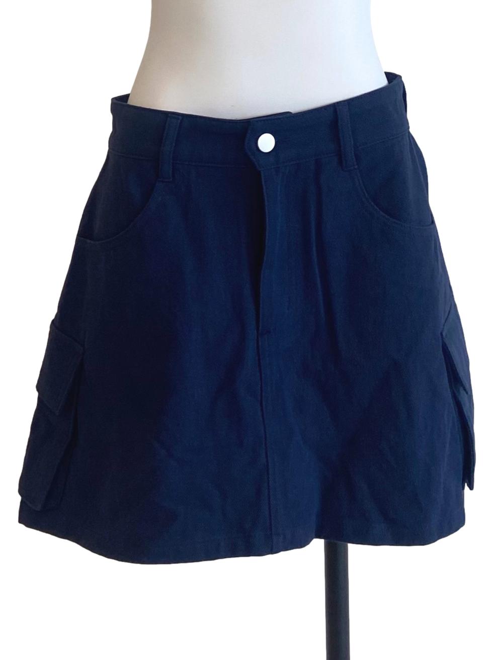 Navy Blue Herringbone Cargo Mini Skirt