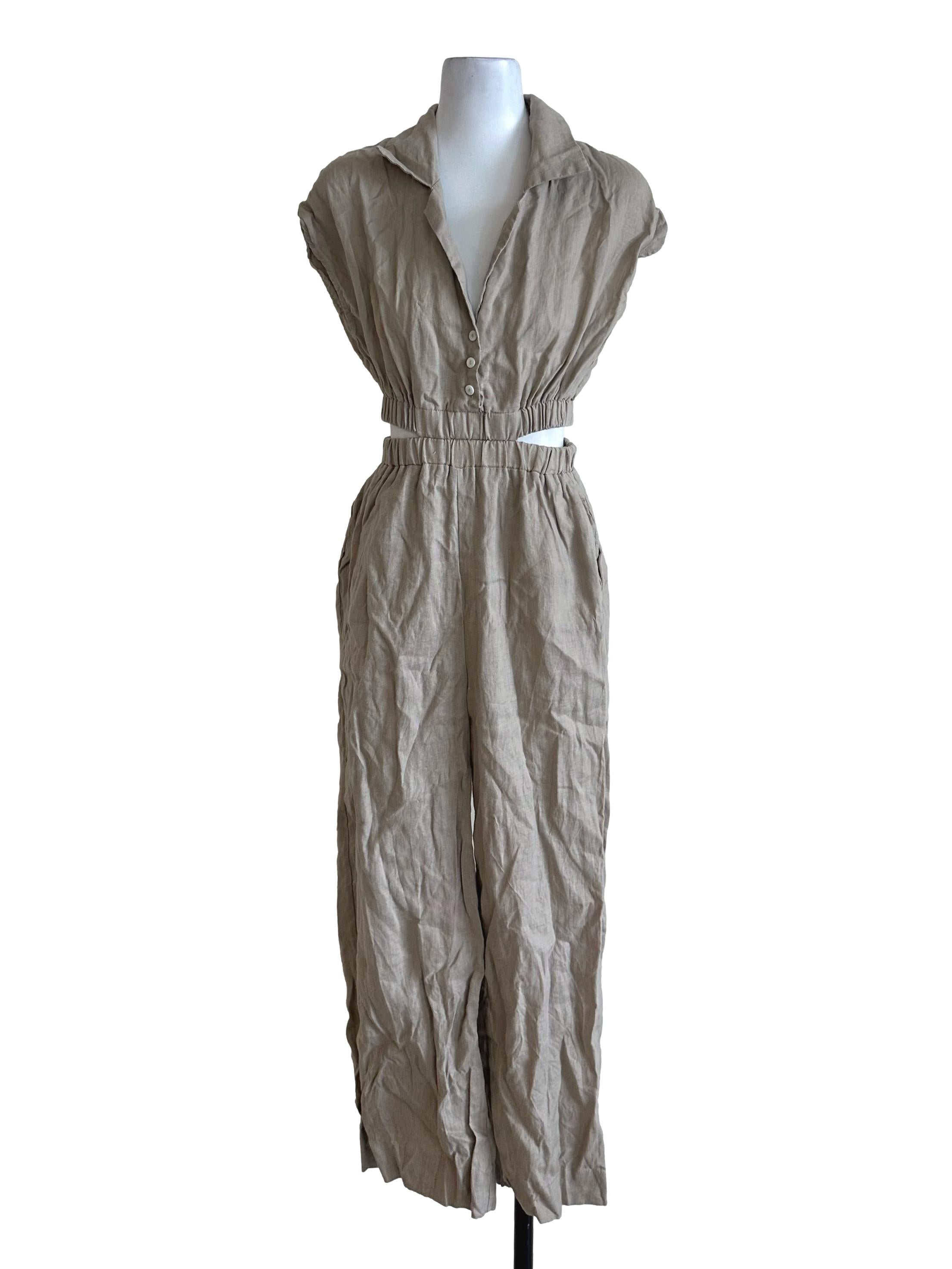 Coffee Brown Collar V Neck Jumpsuit TEM