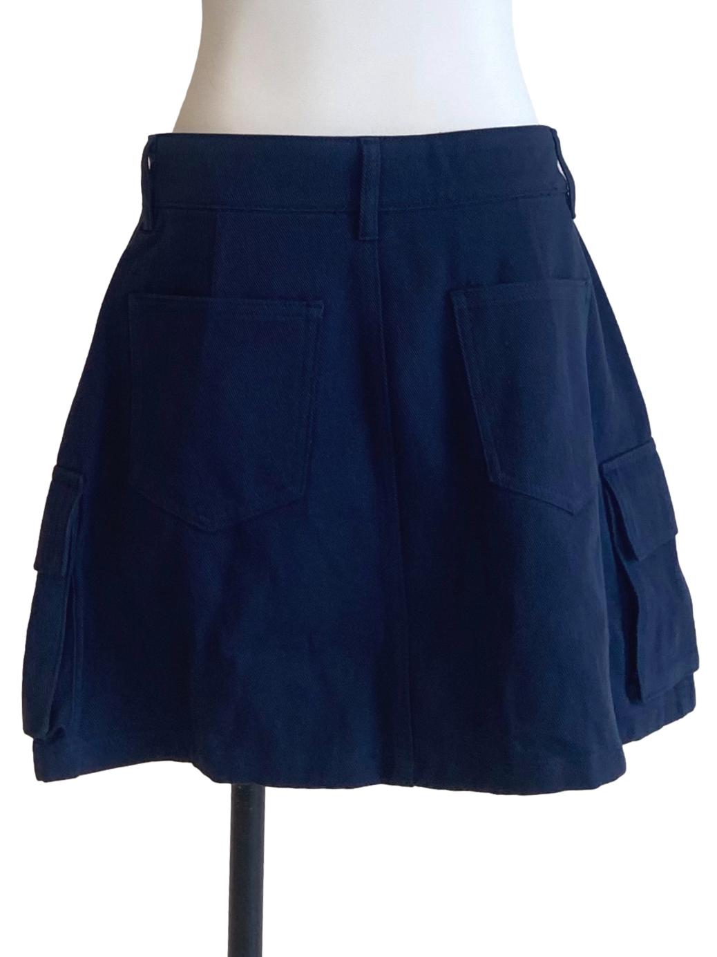 Navy Blue Herringbone Cargo Mini Skirt