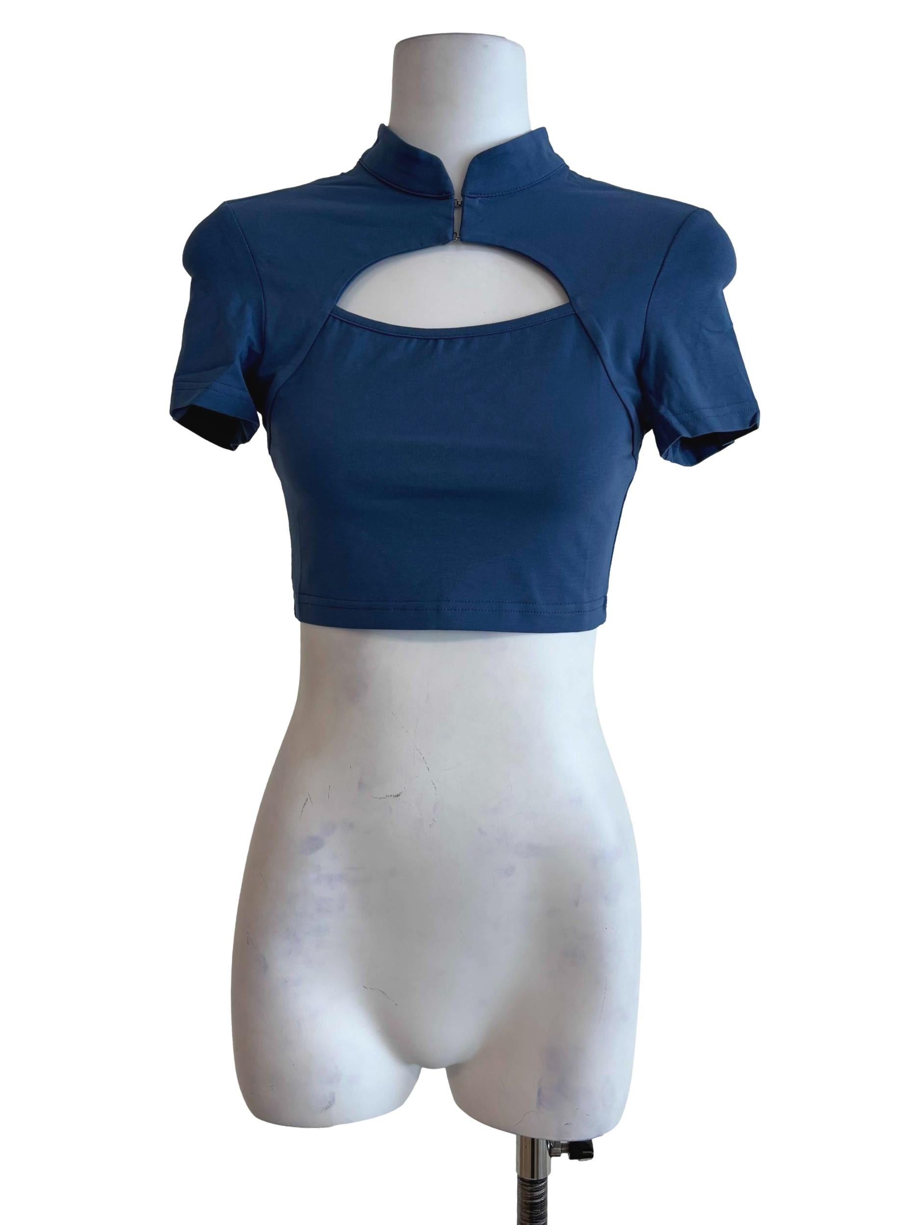 Blue Suki Mandarin Collar Crop Top