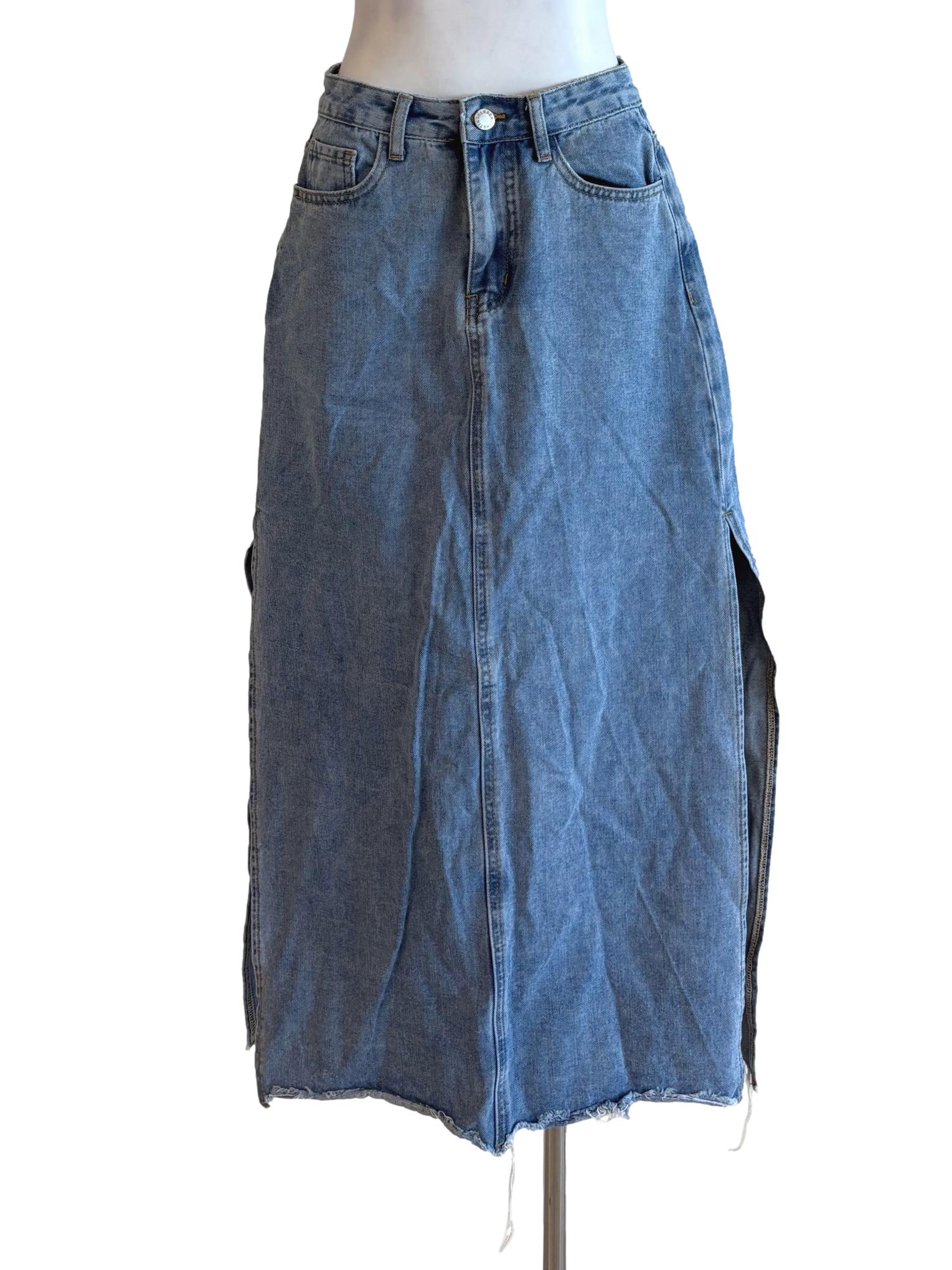 Light Blue Side Slits Midi Denim Skirt TTR