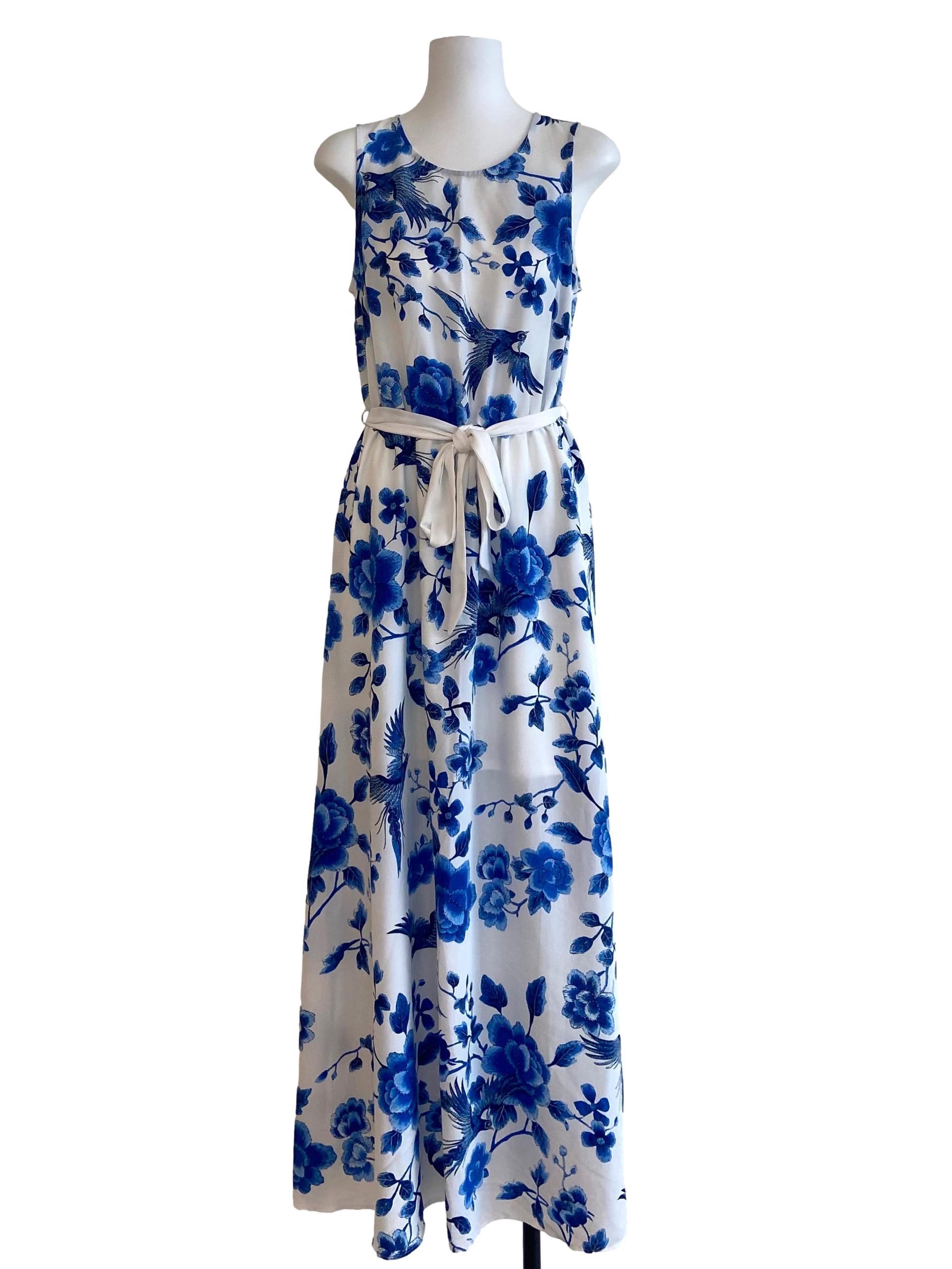 White & Blue Floral Empire Dress