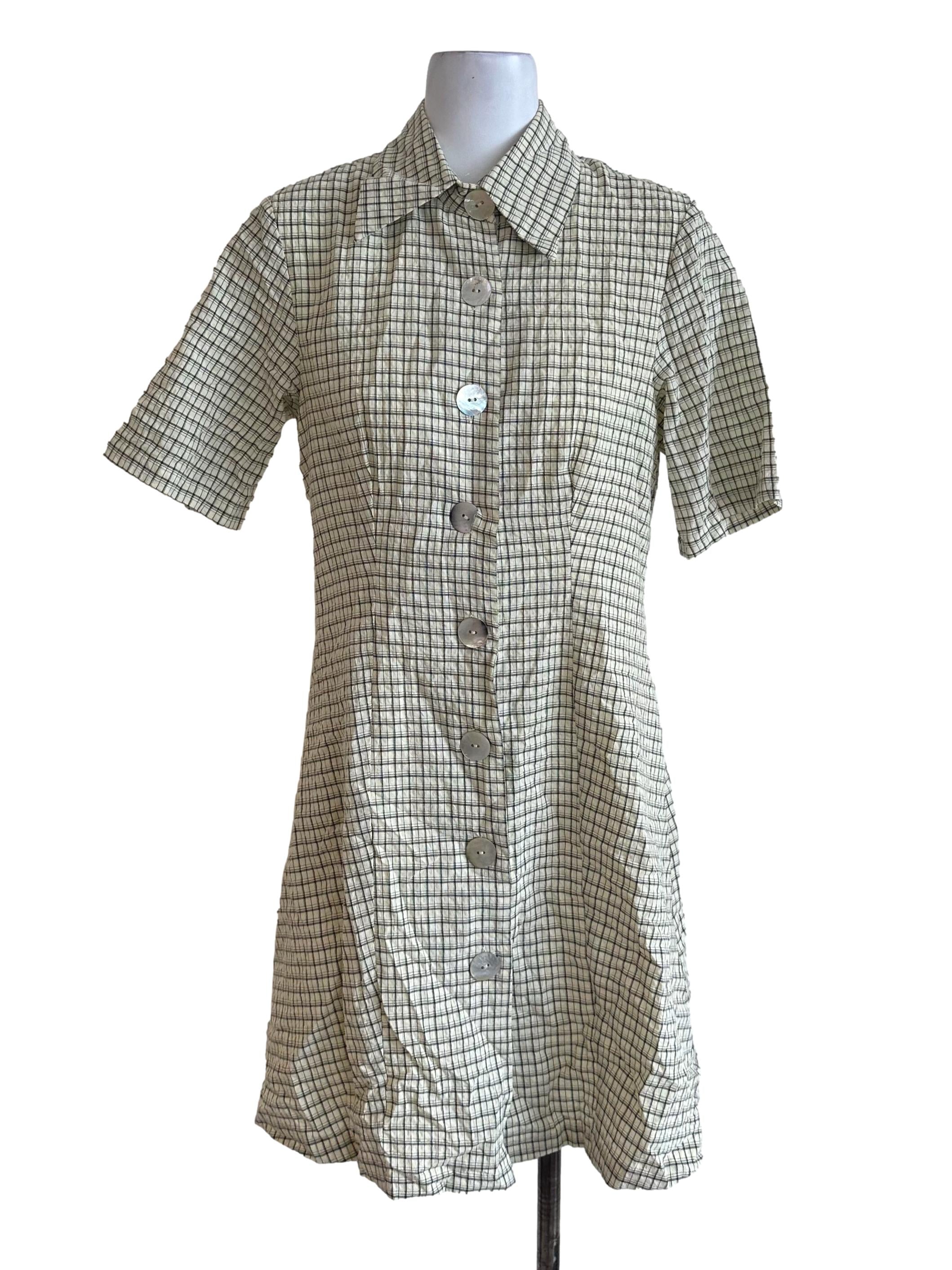 Pastel Yellow Plaid Textured Shirt Dress TEM