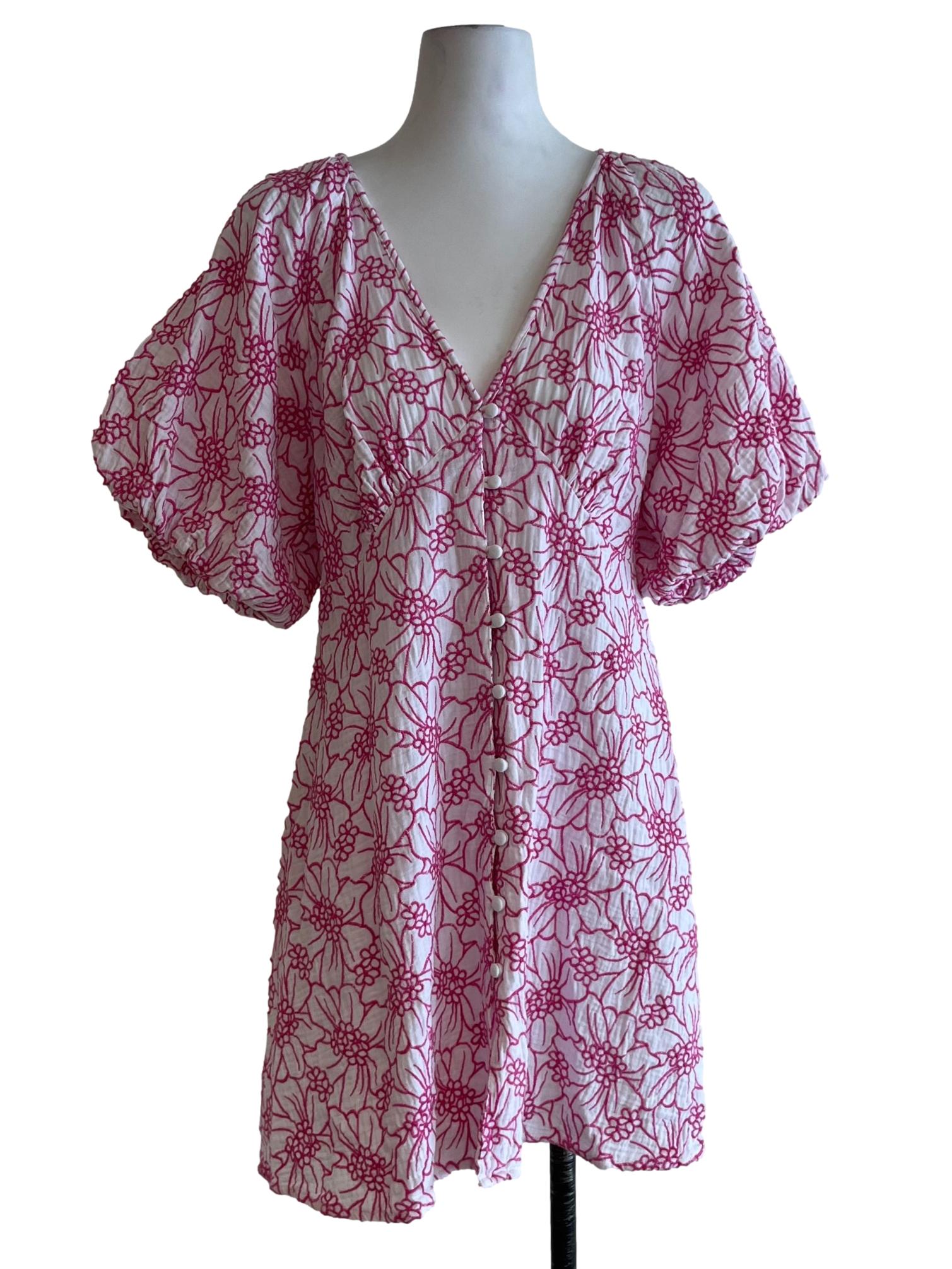 White Pink Floral Puff Sleeve Dress