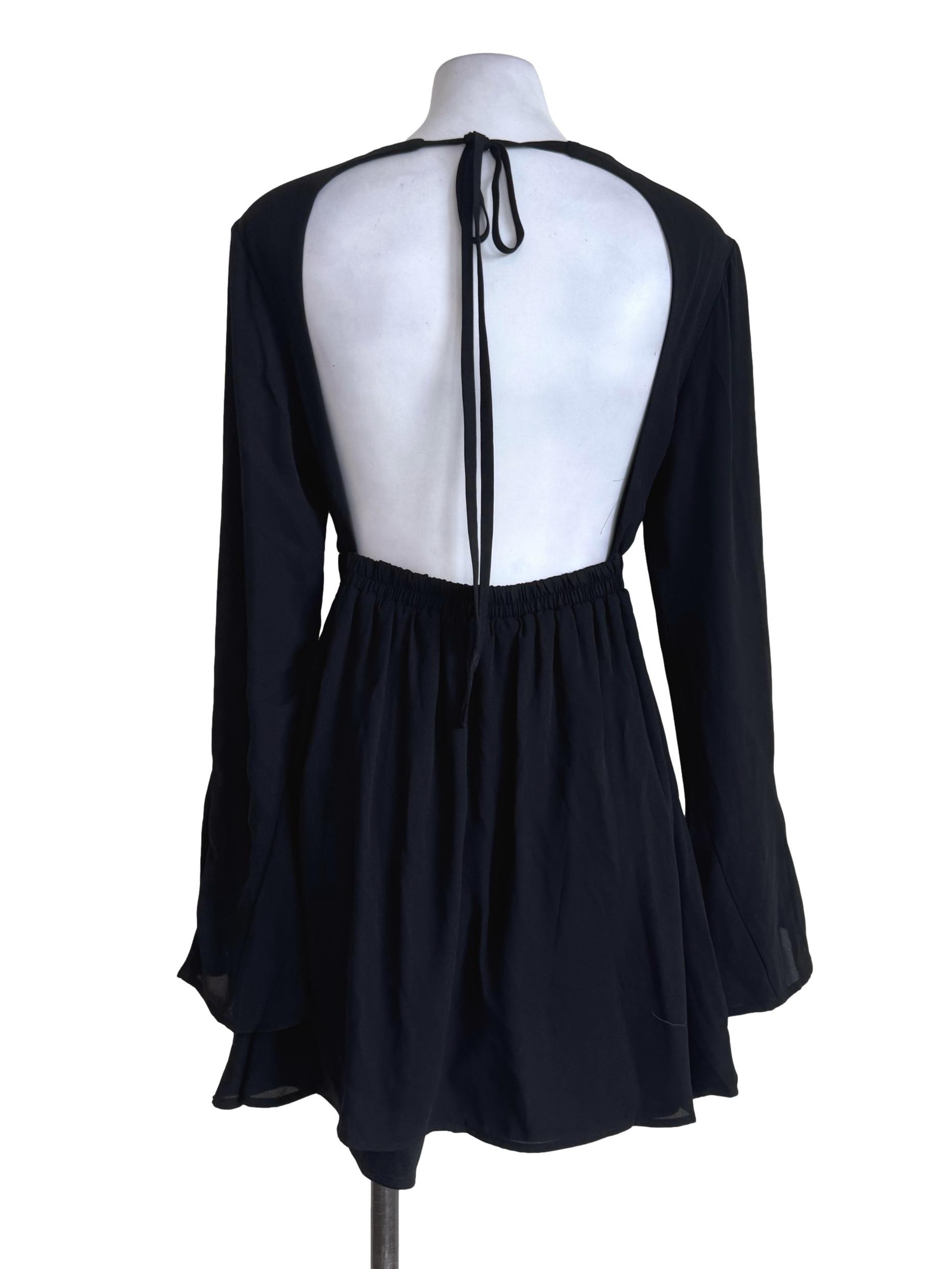 Chiffon Black Halter Neck Long Sleeve Dress YHF