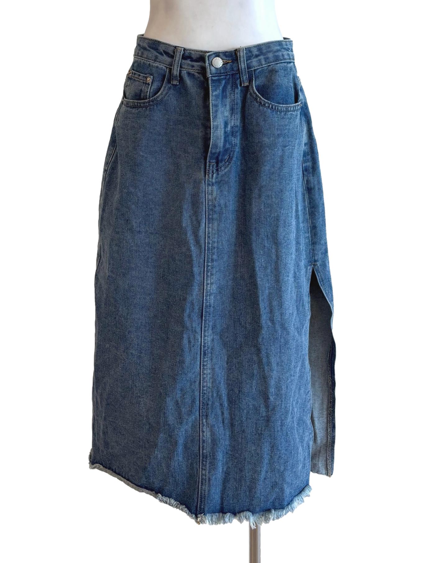 Blue Denim Frayed Hem Midi Skirt TTR