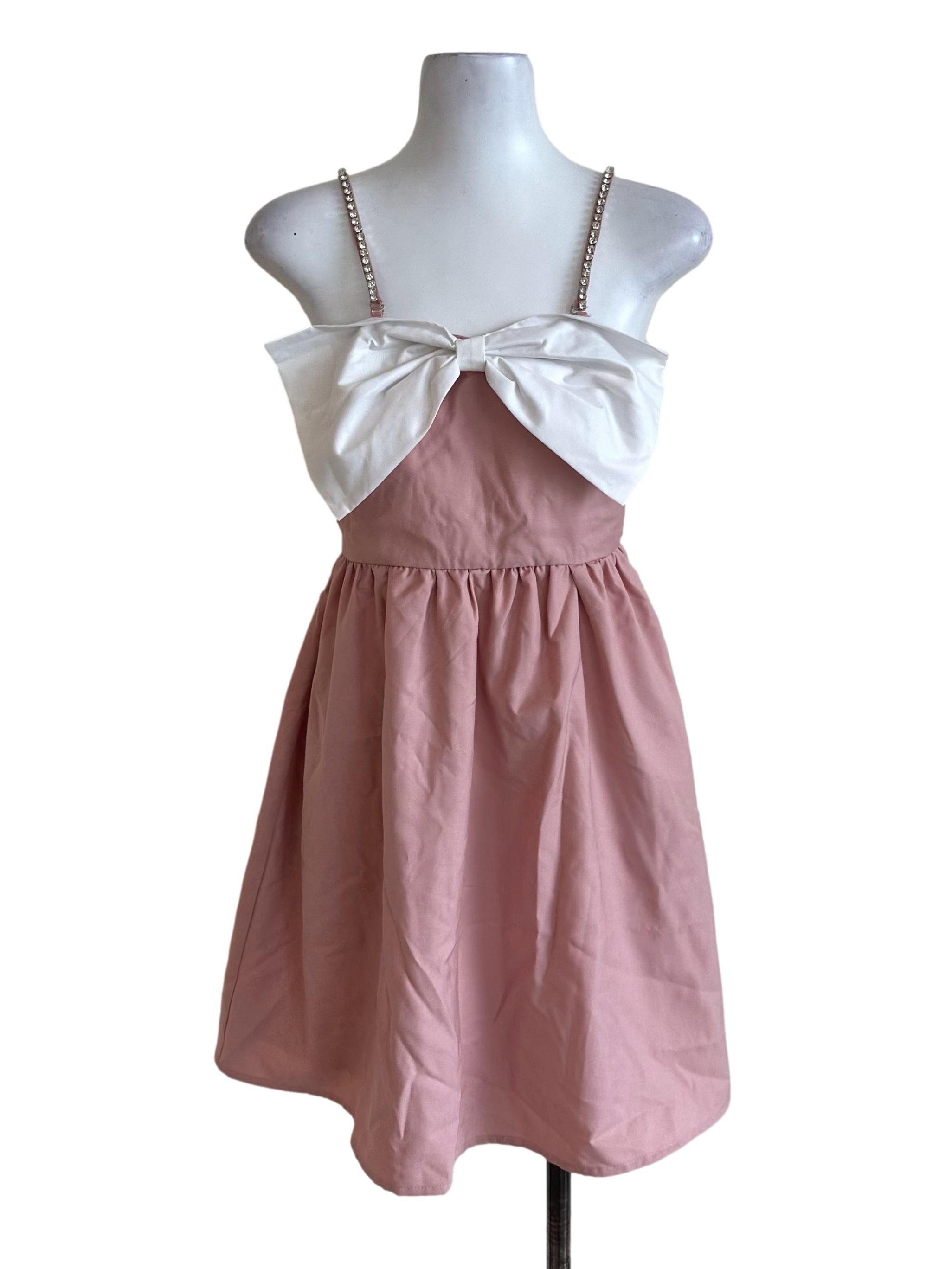 Pink White Ribbon Crystal Strap Dress