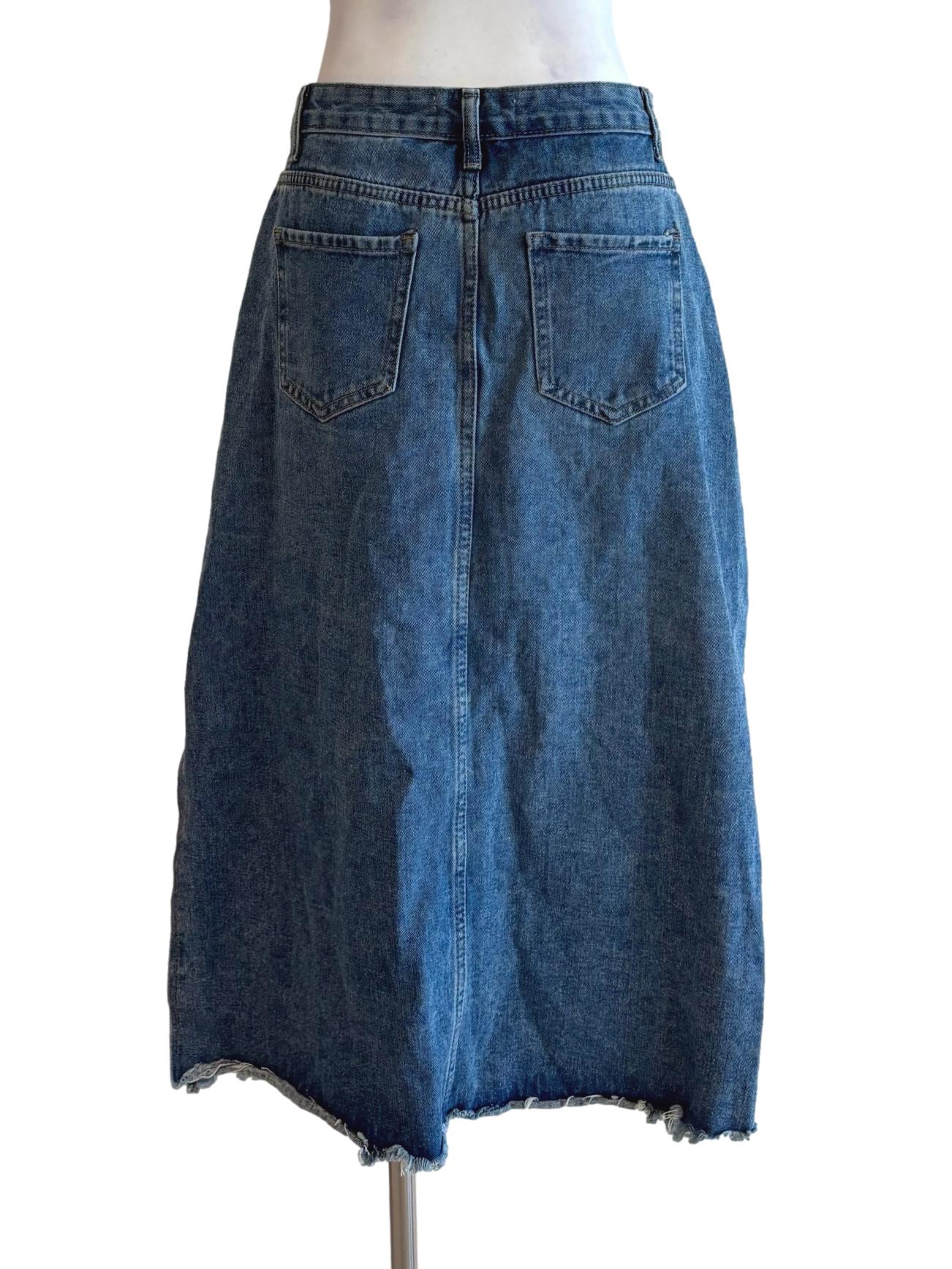 Blue Denim Frayed Hem Midi Skirt TTR