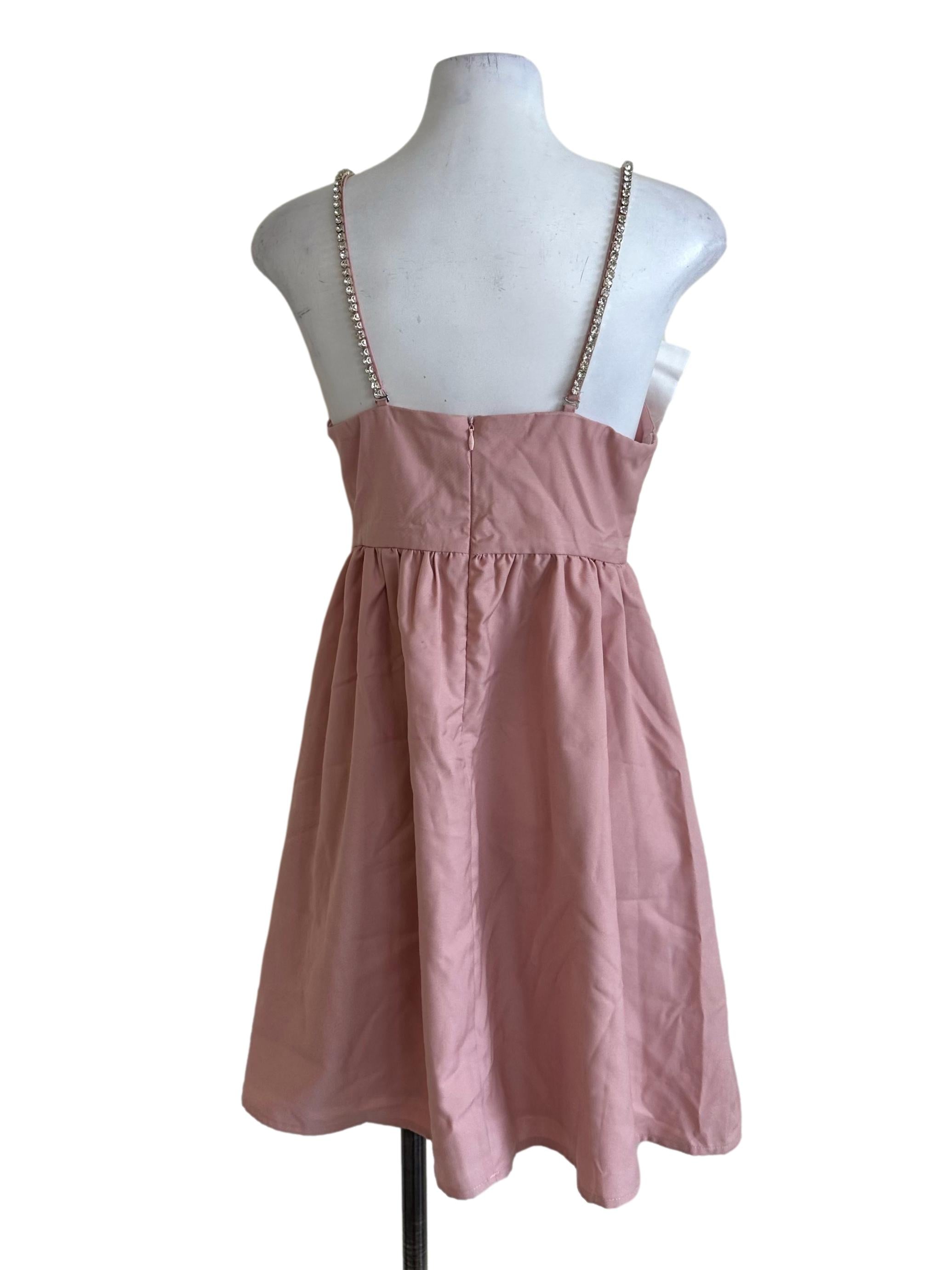 Pink White Ribbon Crystal Strap Dress