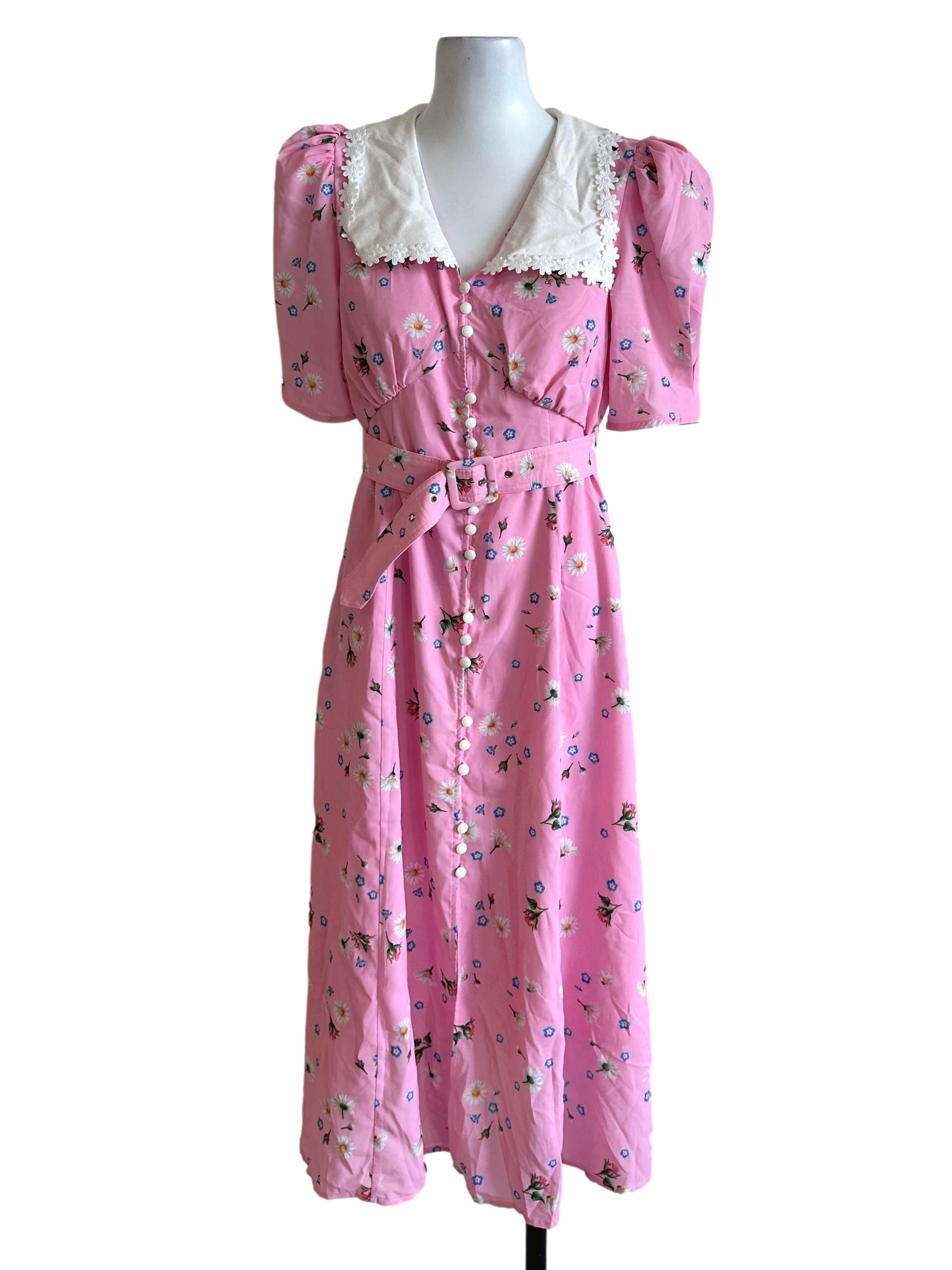 Rose Pink Floral Pattern Button Dress