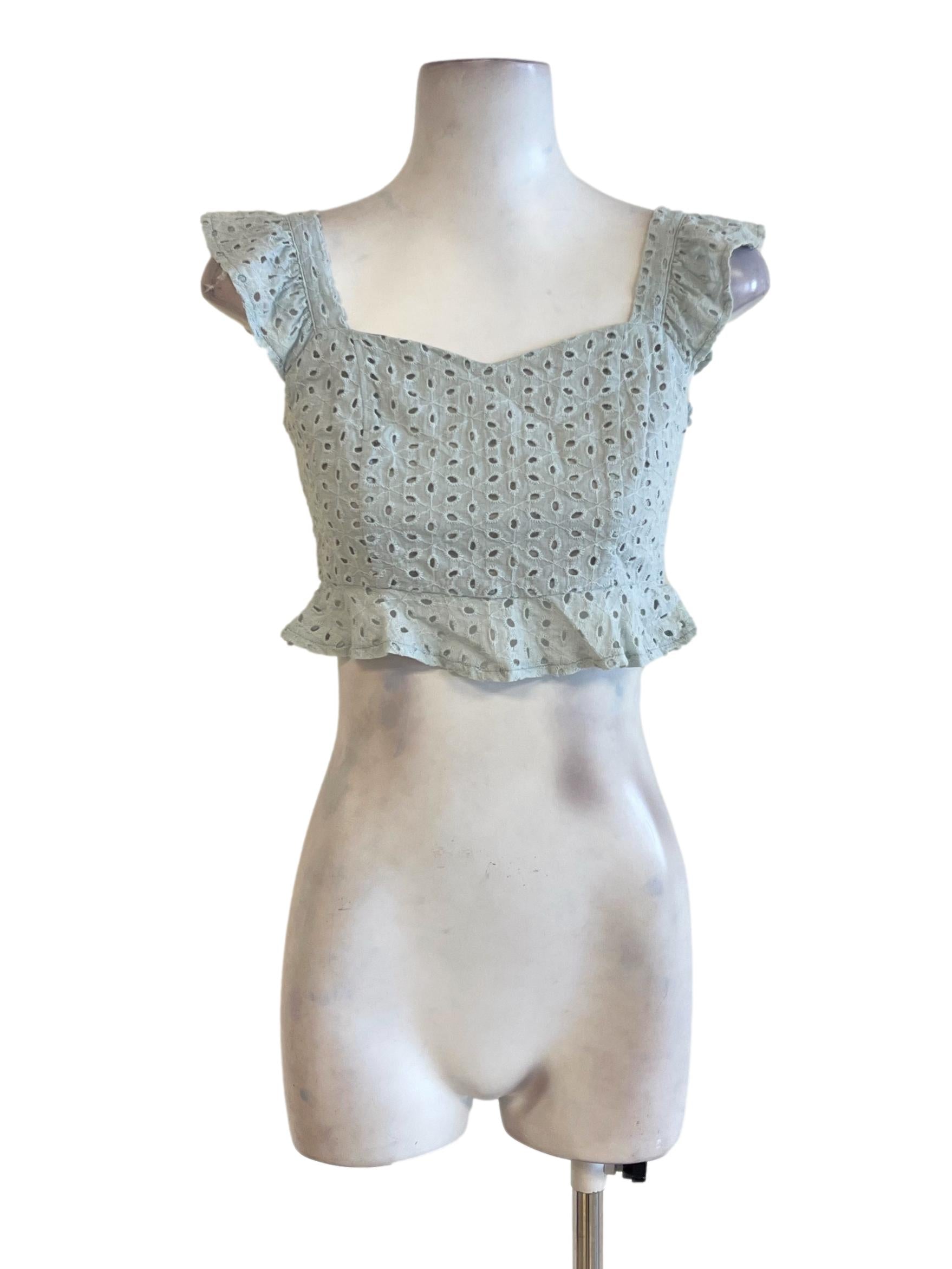 Baby Blue Eyelet Crochet Cowl Sleeve Top