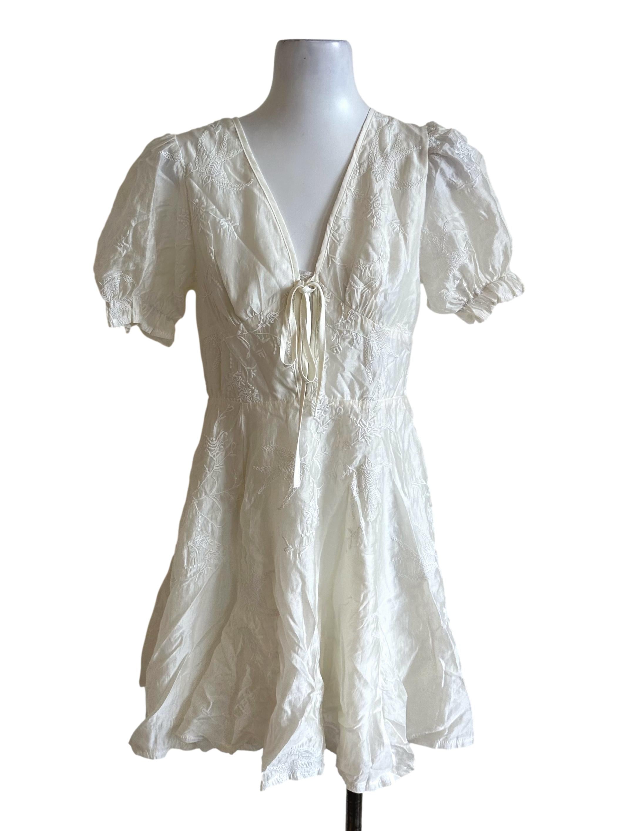 Cream White Textured V Neck Dress