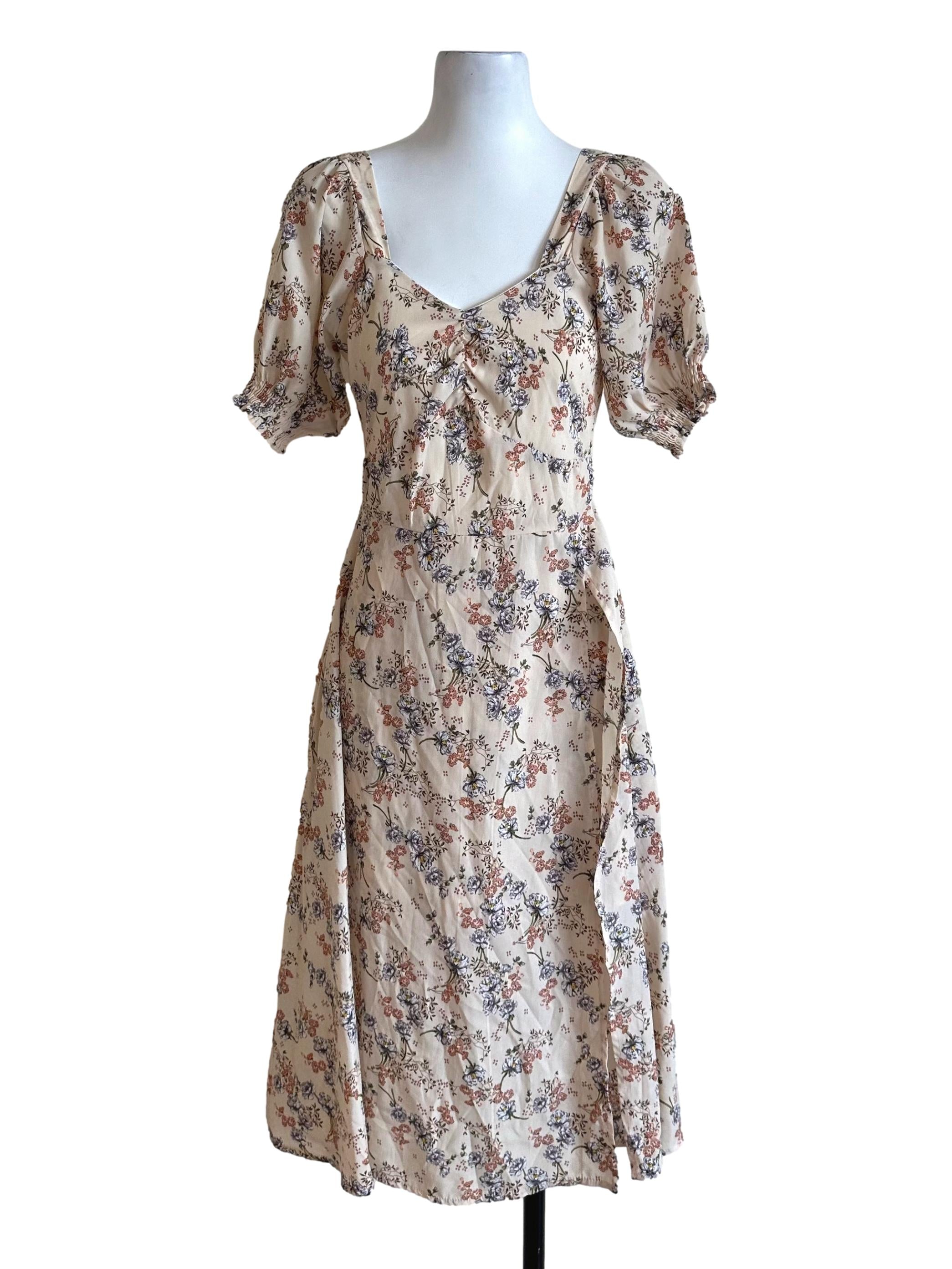 Sand Beige Floral Puff Sleeve Dress