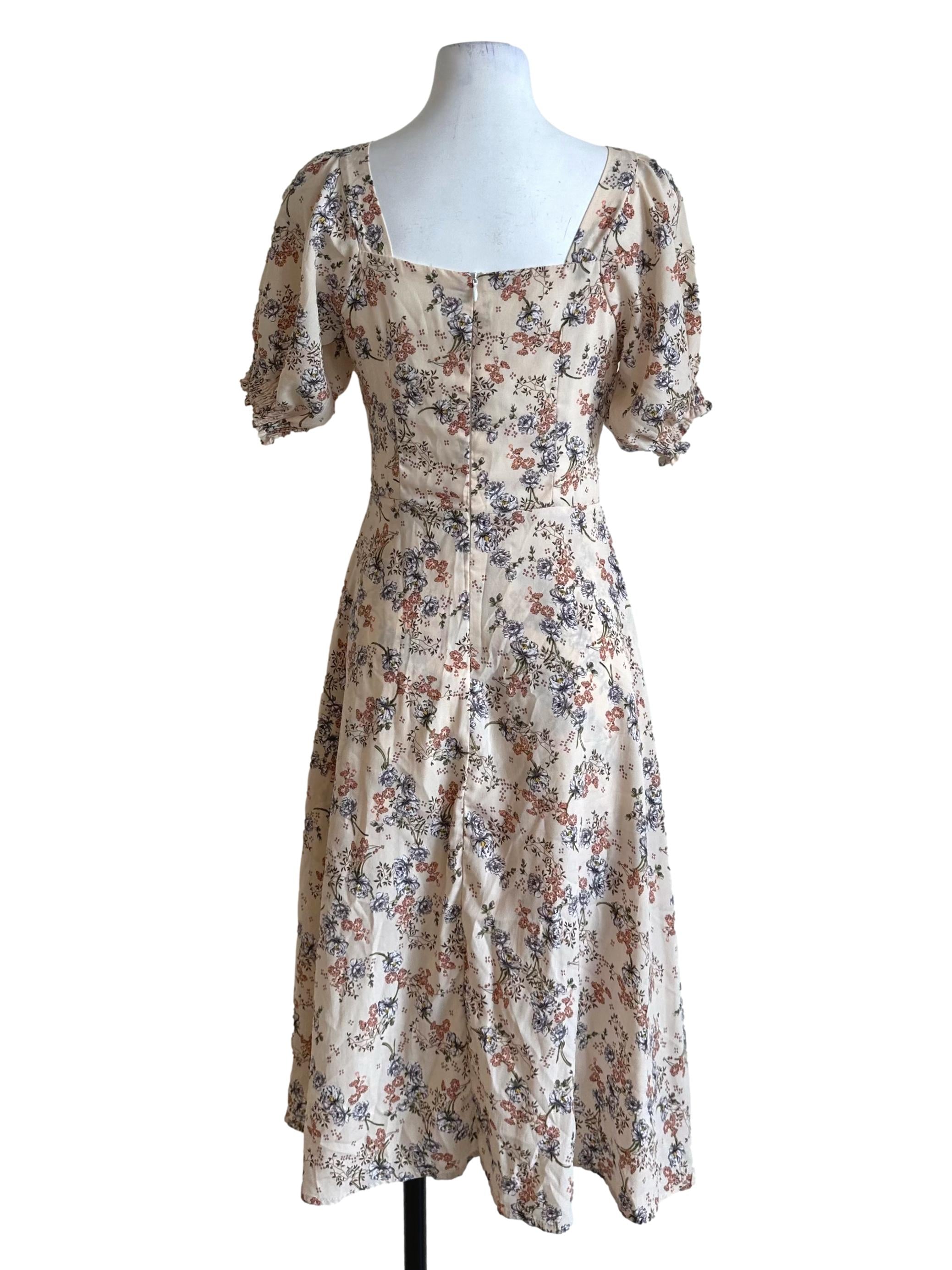Sand Beige Floral Puff Sleeve Dress