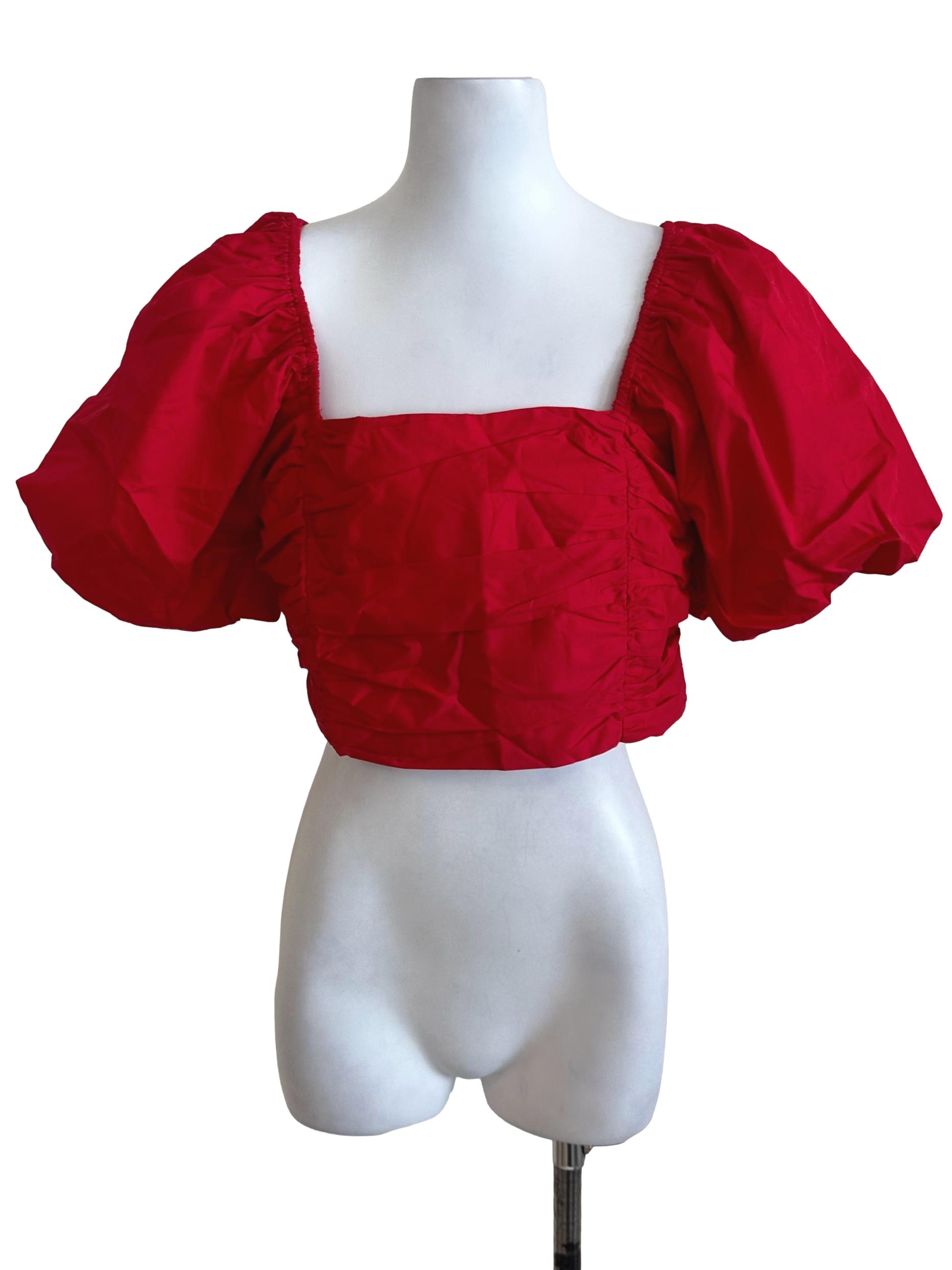 Hot Red Plain Puff Sleeve Top