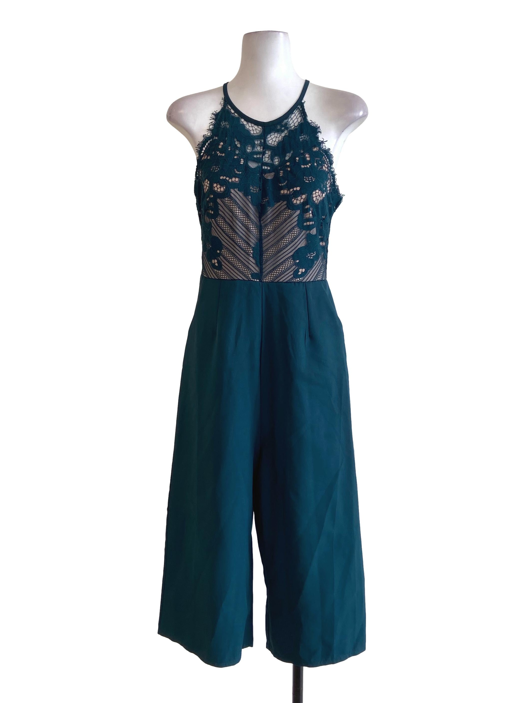 Emerald Green Halter Neck Half Lace Jumpsuit