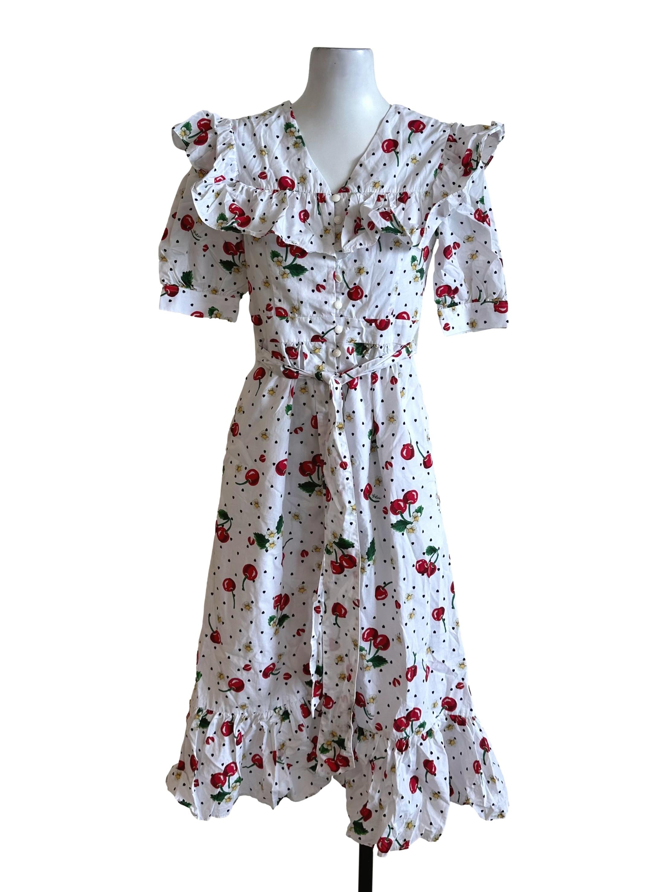 Pure White Cherry Pattern Ruffle Dress