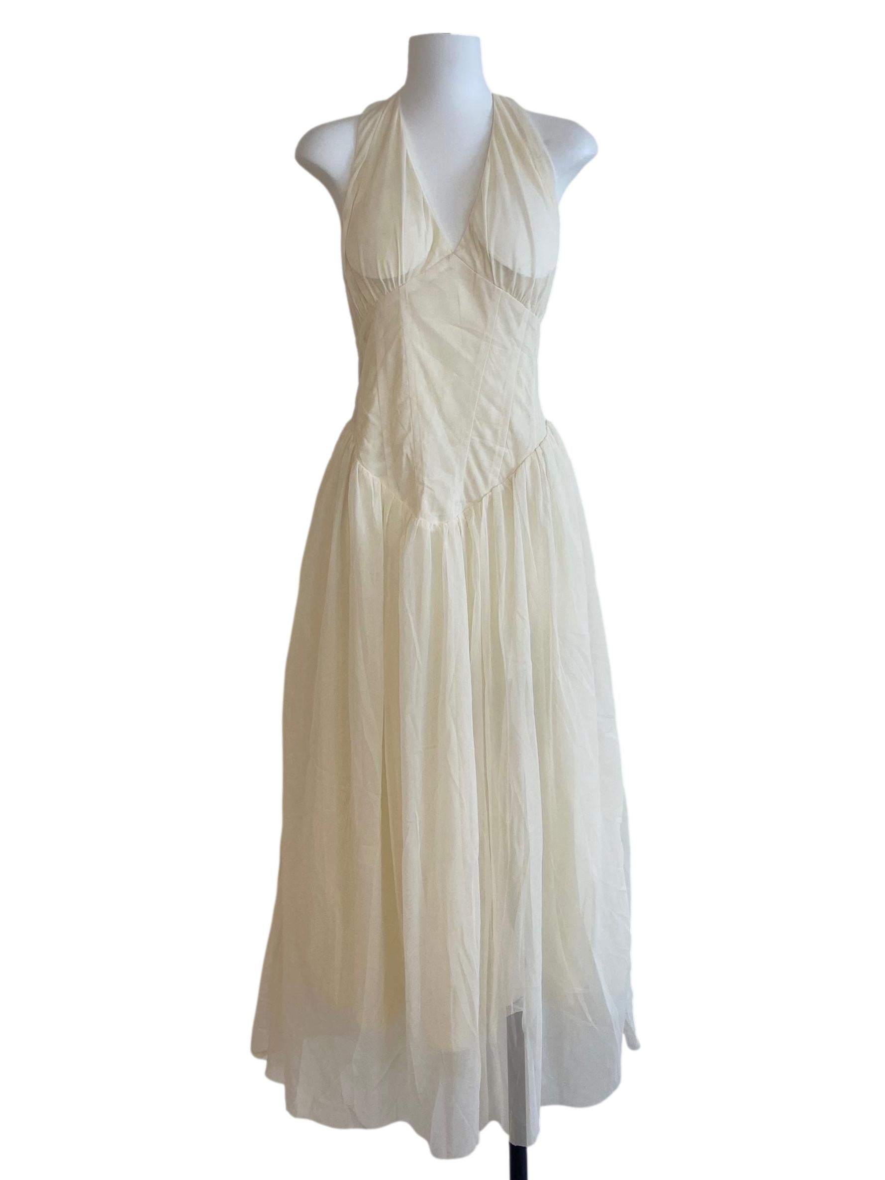 Cream Beige Halter Neck Net Empire Dress