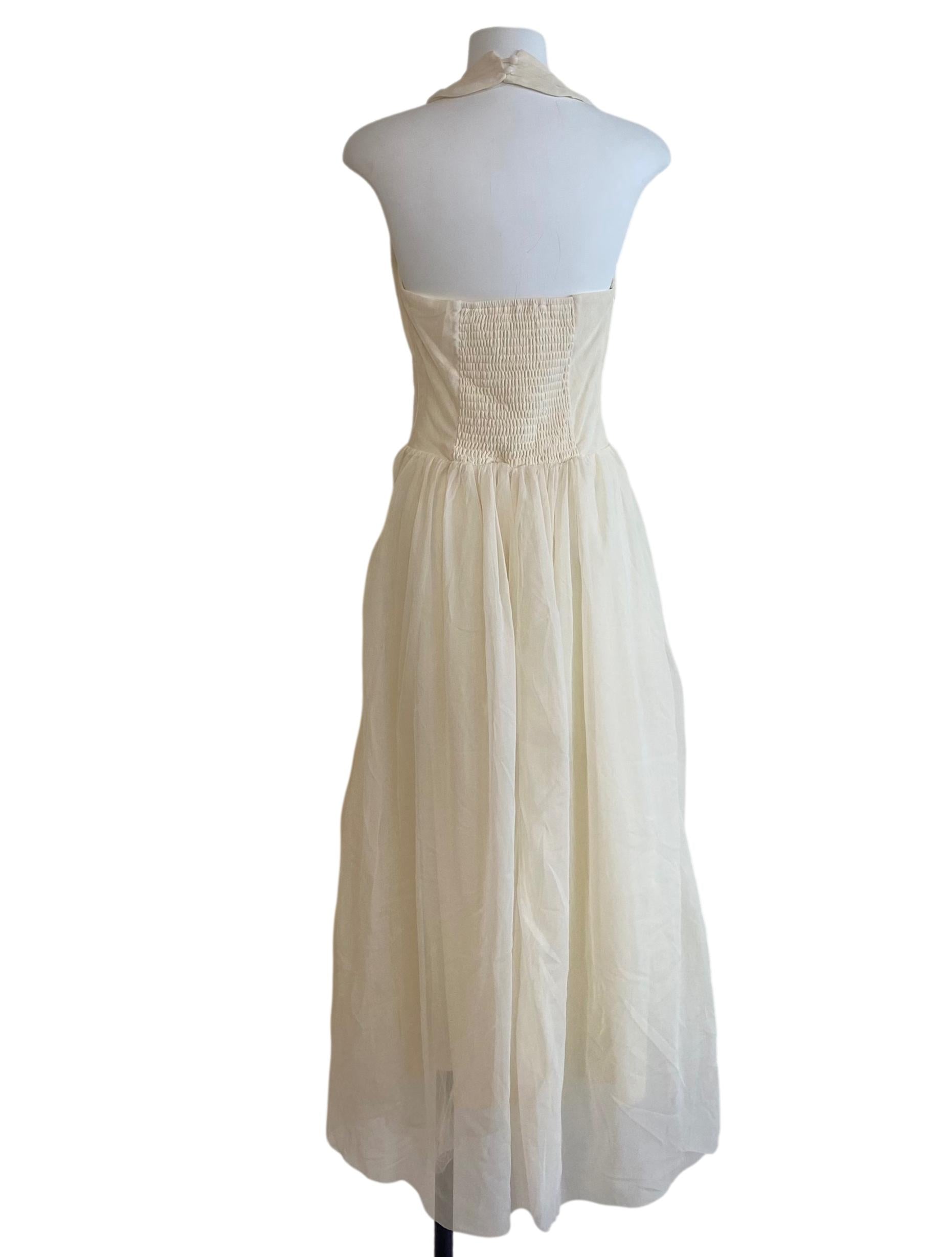 Cream Beige Halter Neck Net Empire Dress