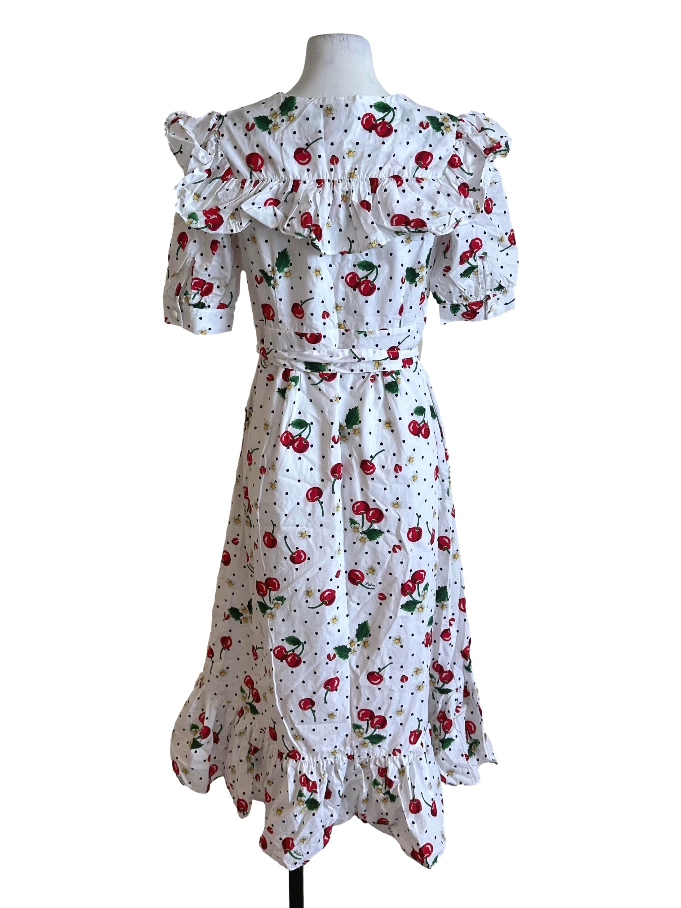 Pure White Cherry Pattern Ruffle Dress