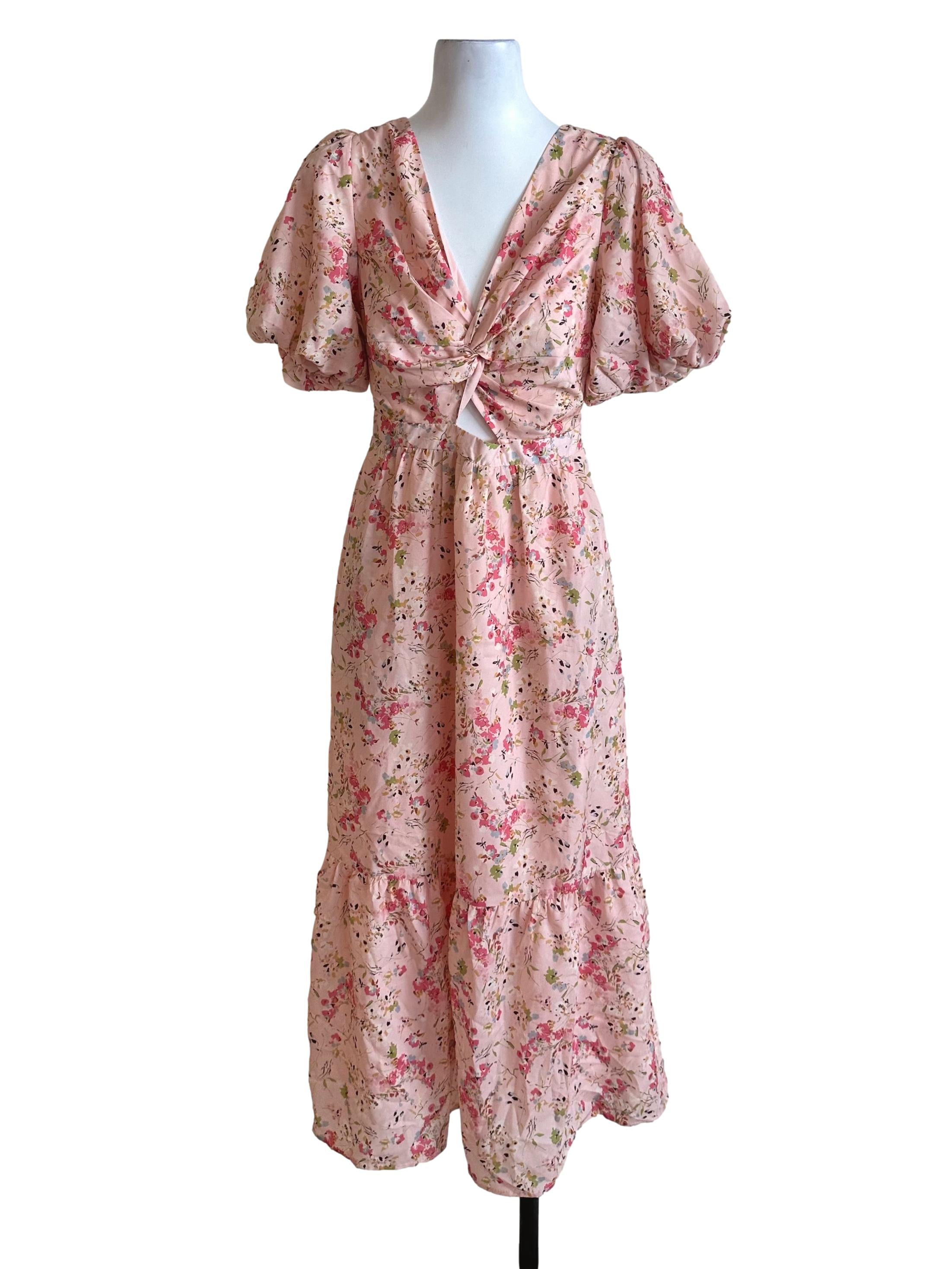 Peach Pink Floral V Neck Knot Dress