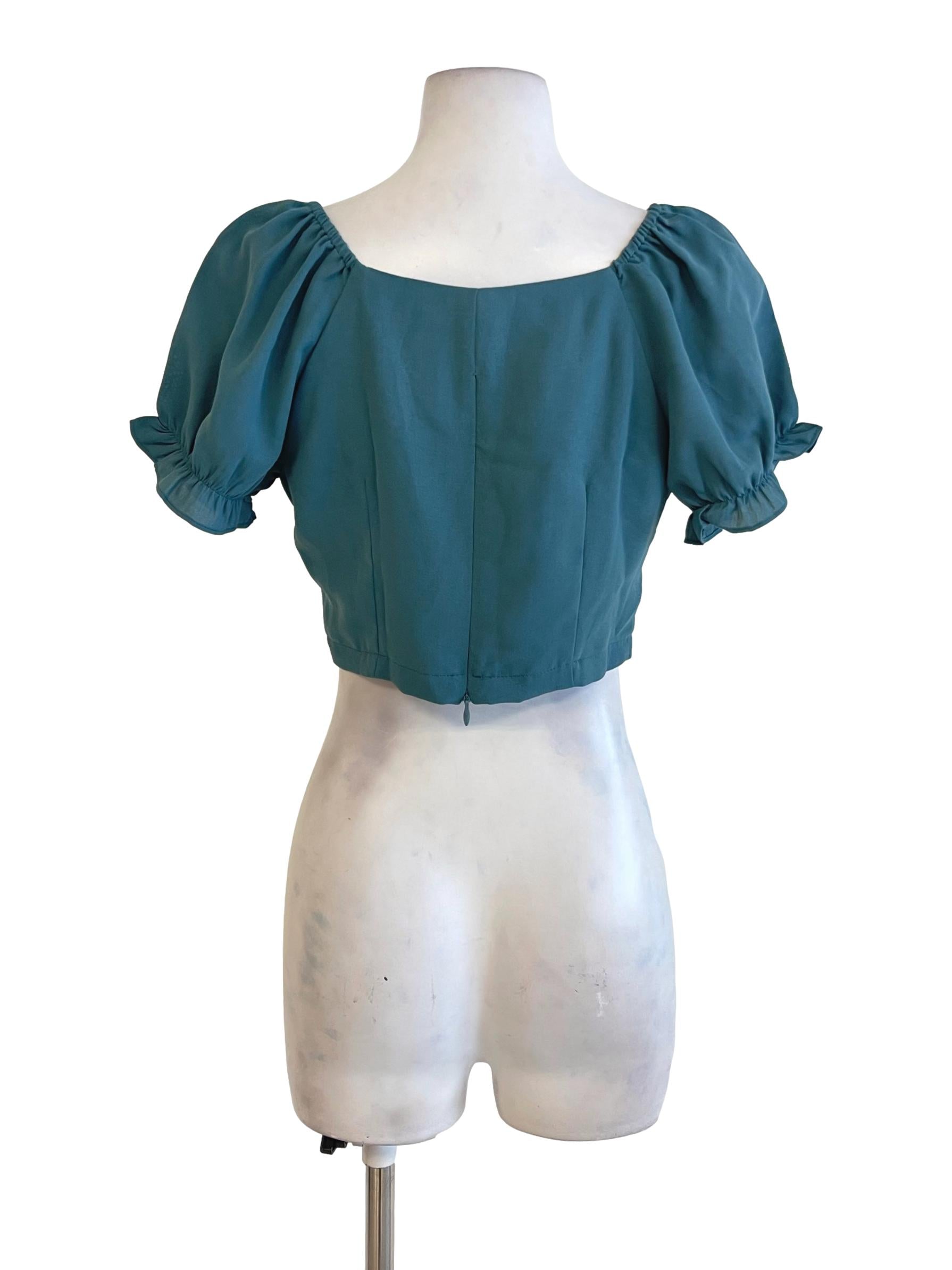 Ocean Blue Peasant Neck Poet Sleeve Top