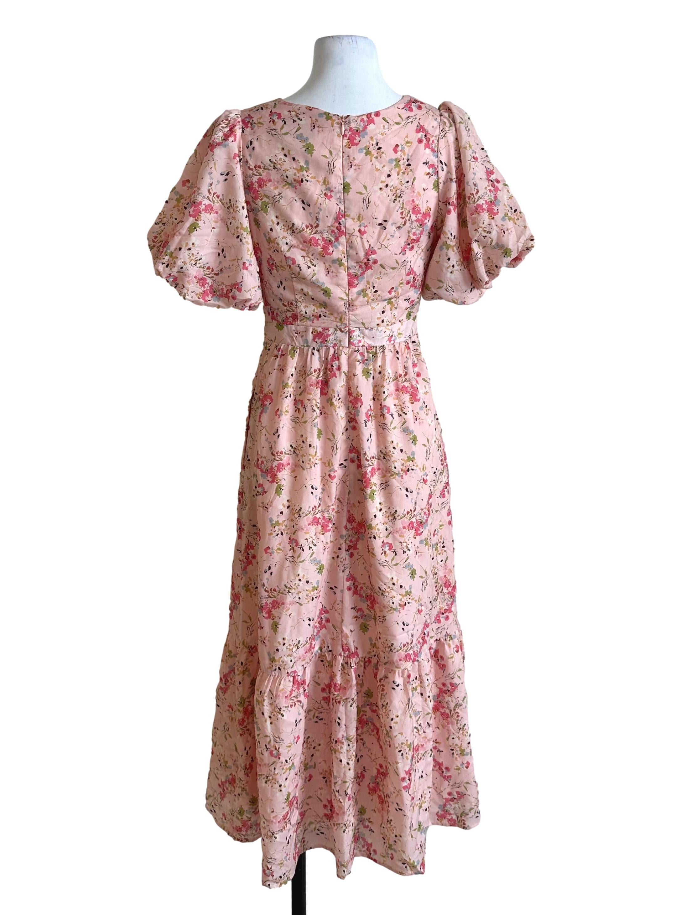 Peach Pink Floral V Neck Knot Dress
