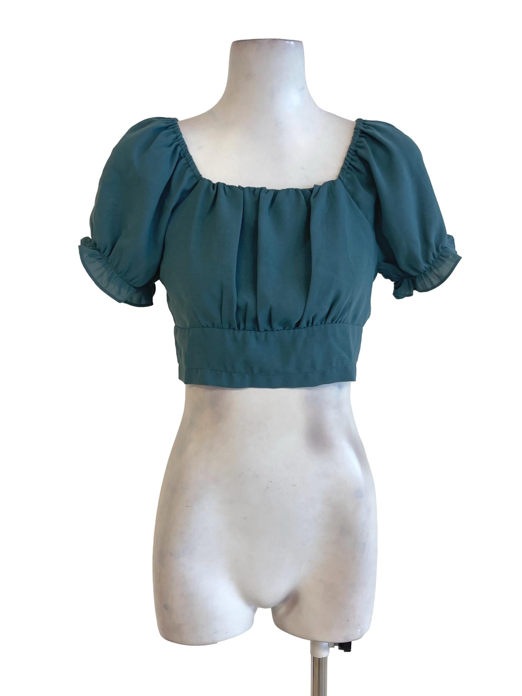 Ocean Blue Peasant Neck Poet Sleeve Top